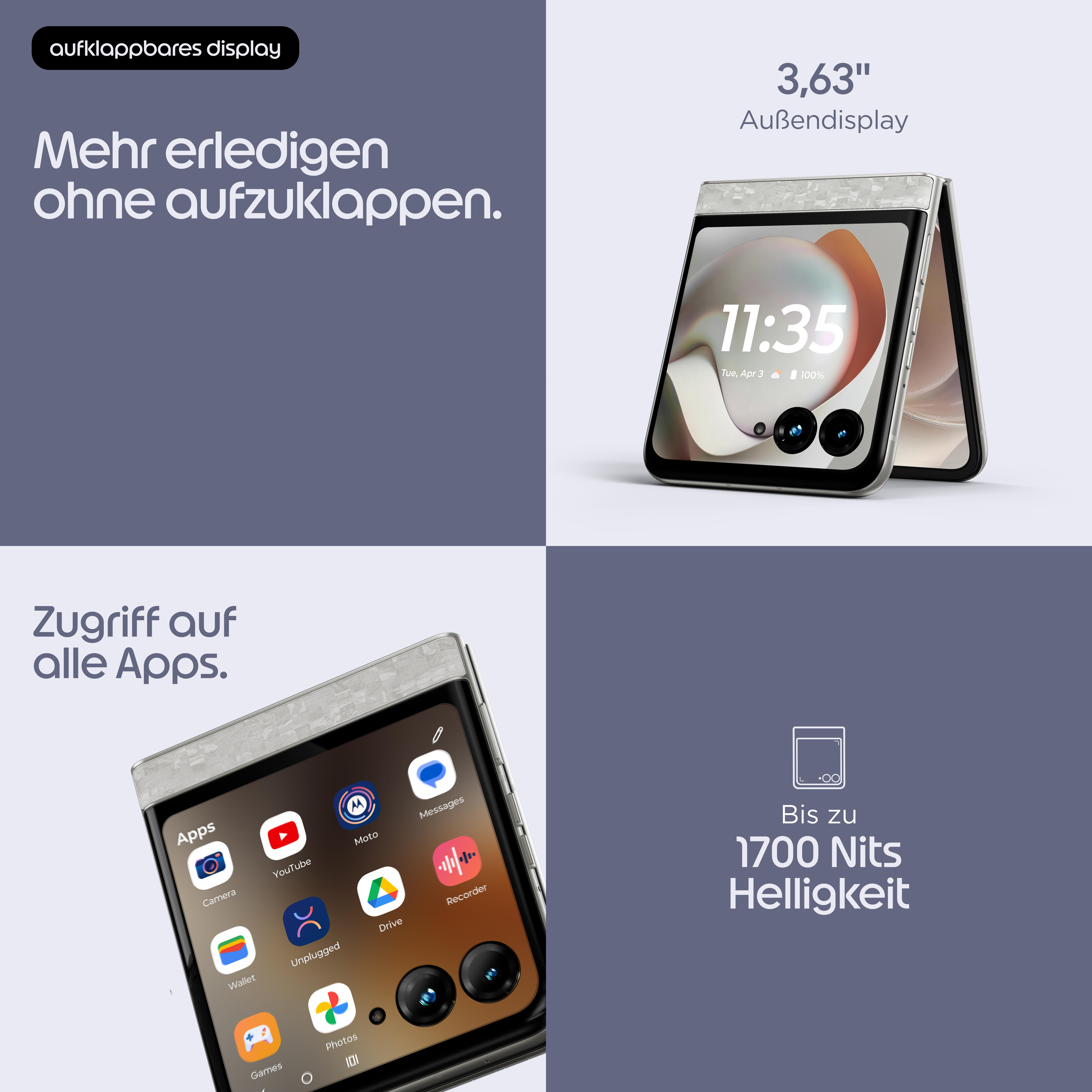 Ein aufklappbares Handy mit Außendisplay und Apps. Bis zu 1700 Nits.