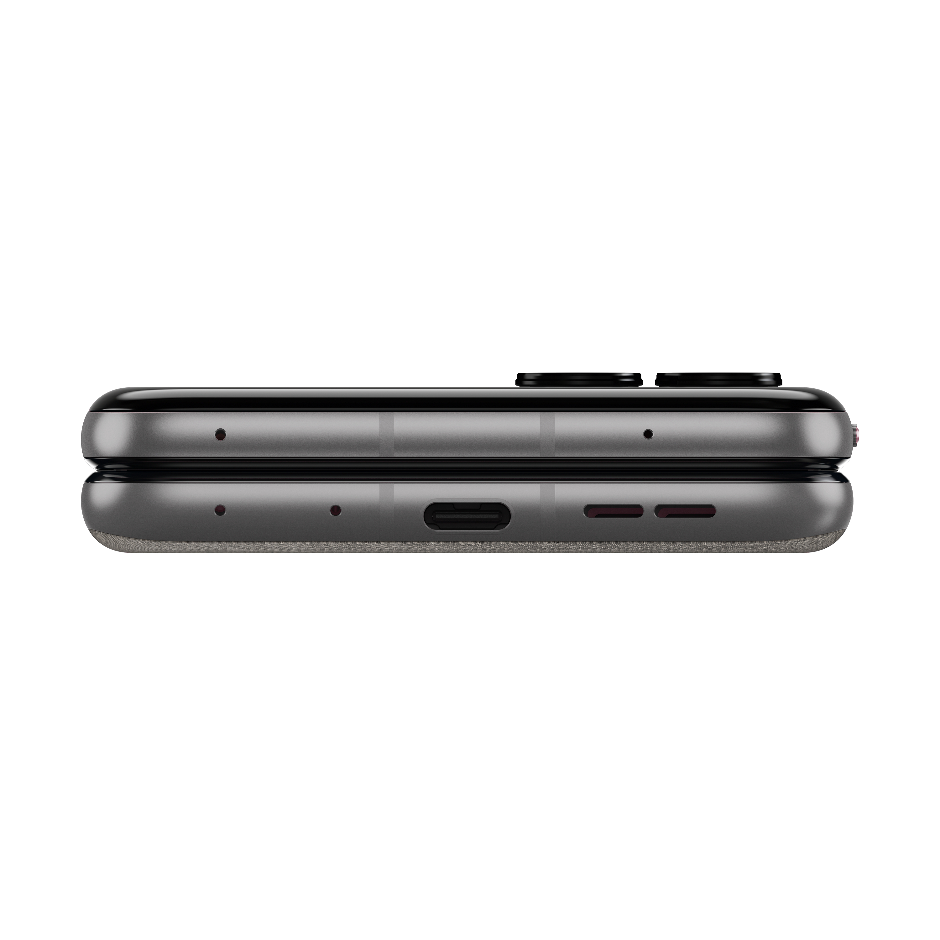 Detailansicht eines grauen Smartphones mit USB-C-Anschluss und Lautsprechern.