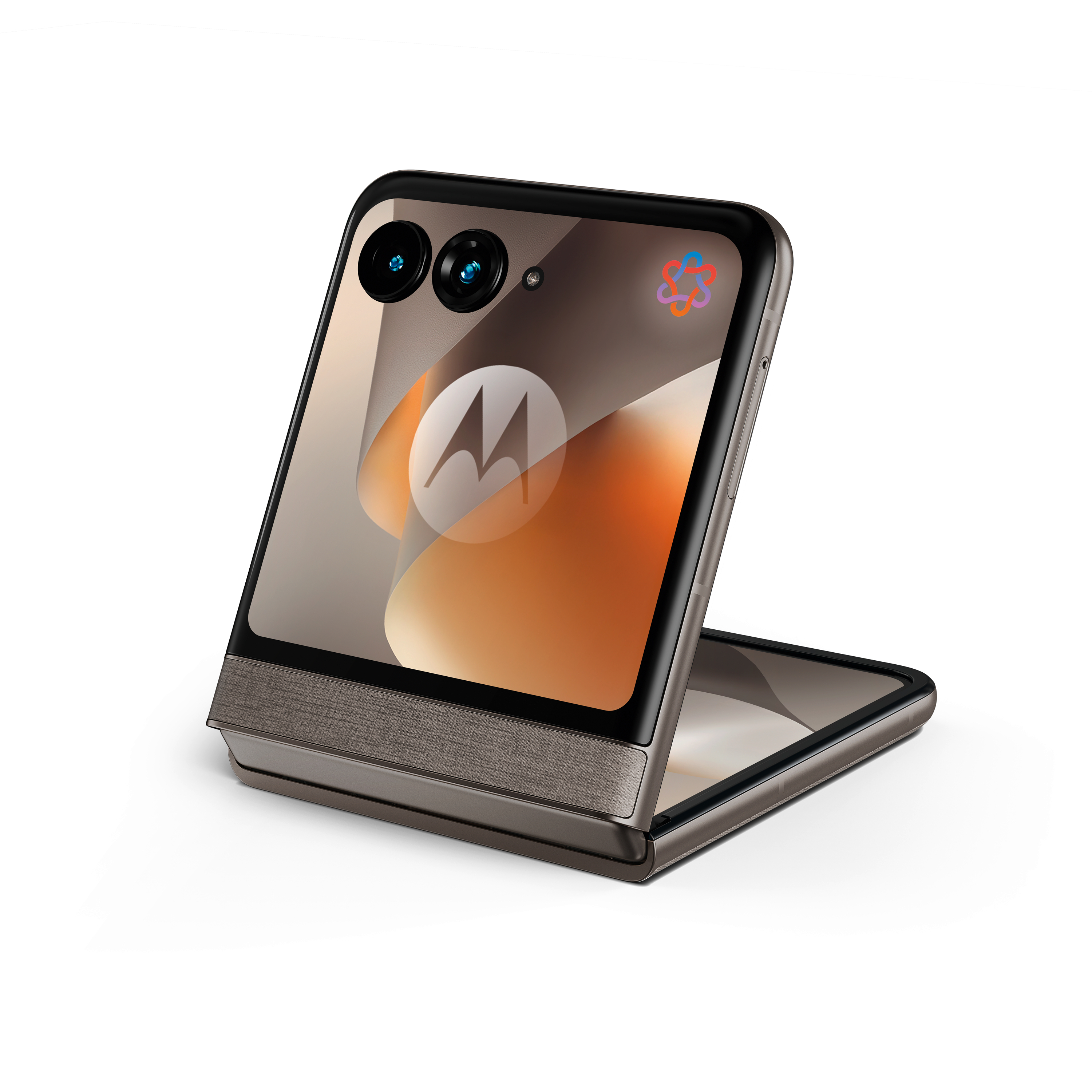 Ein offenes Motorola Razr-Smartphone in Grau mit einem Motorola-Logo auf dem Bildschirm.