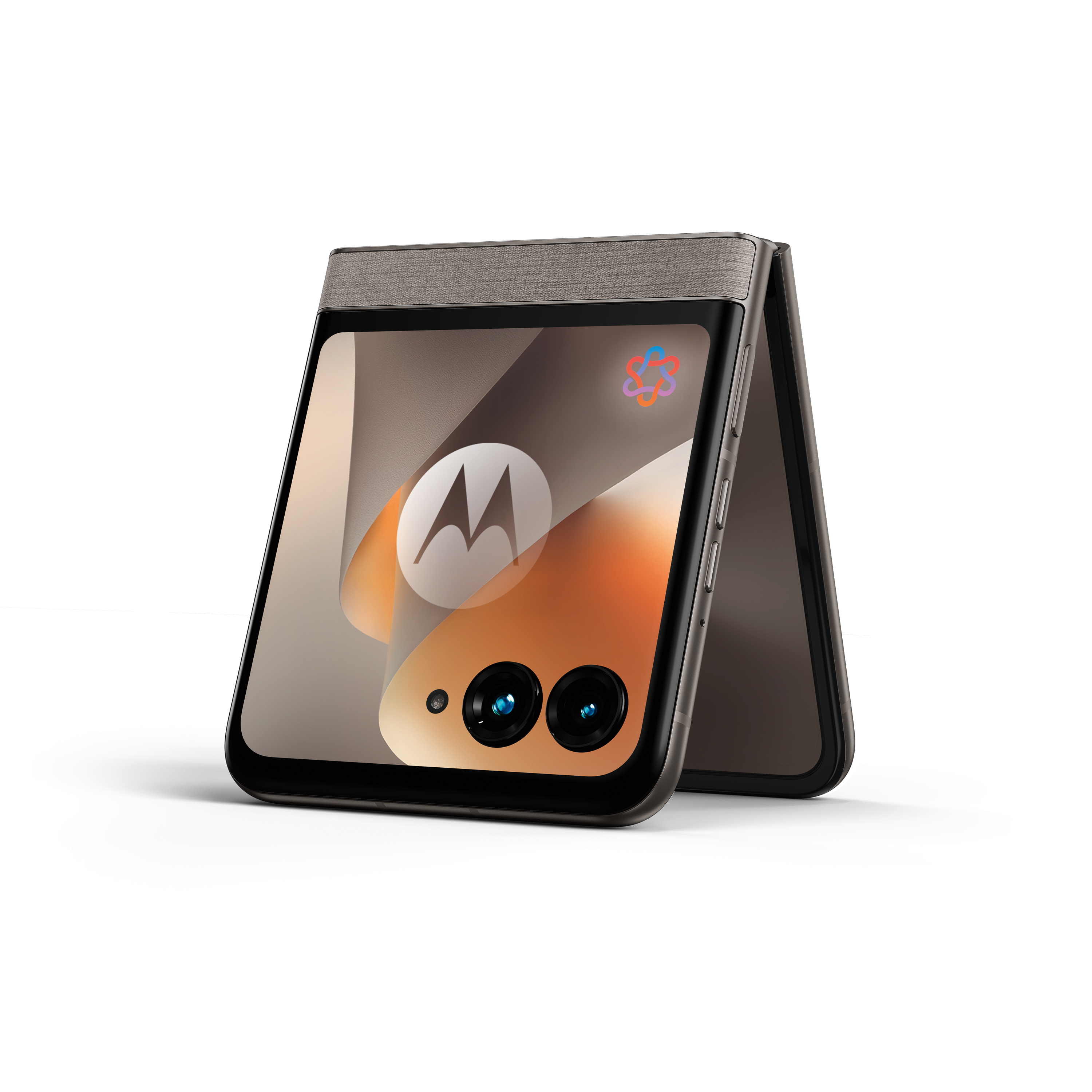 Ein aufgeklapptes faltbares Motorola-Telefon mit zwei Kameras und einer grauen Oberseite.