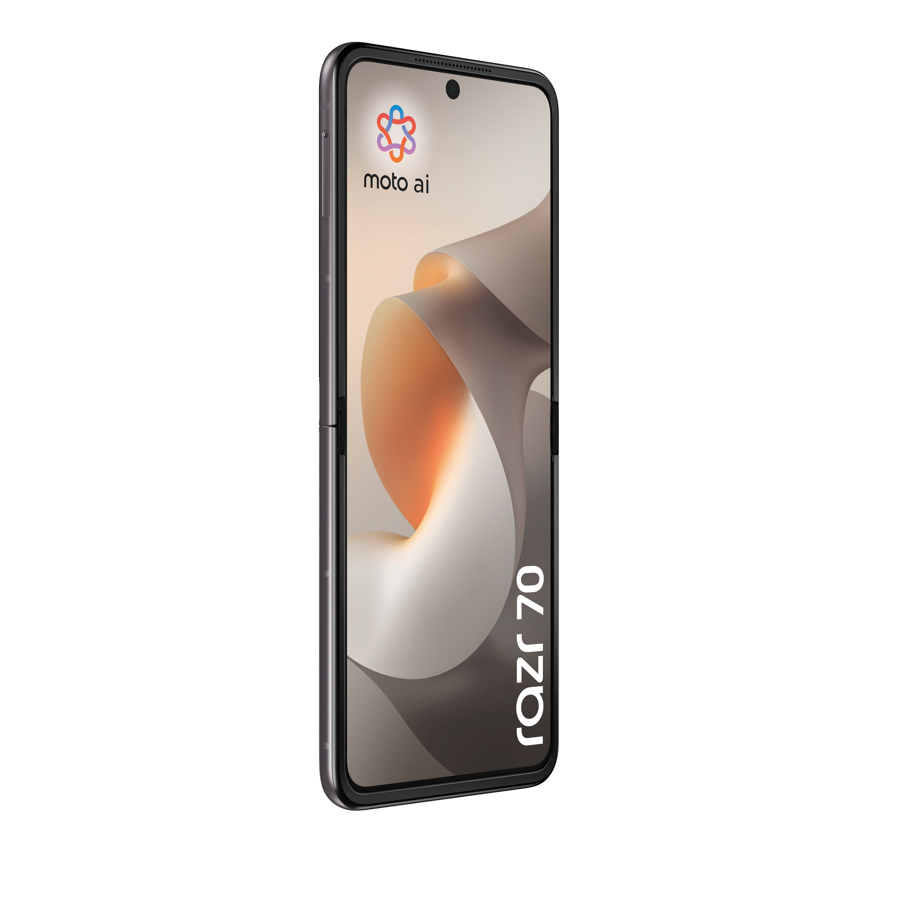 Graues Motorola Razr 70 Smartphone mit "moto ai" Logo und abstraktem Hintergrund.
