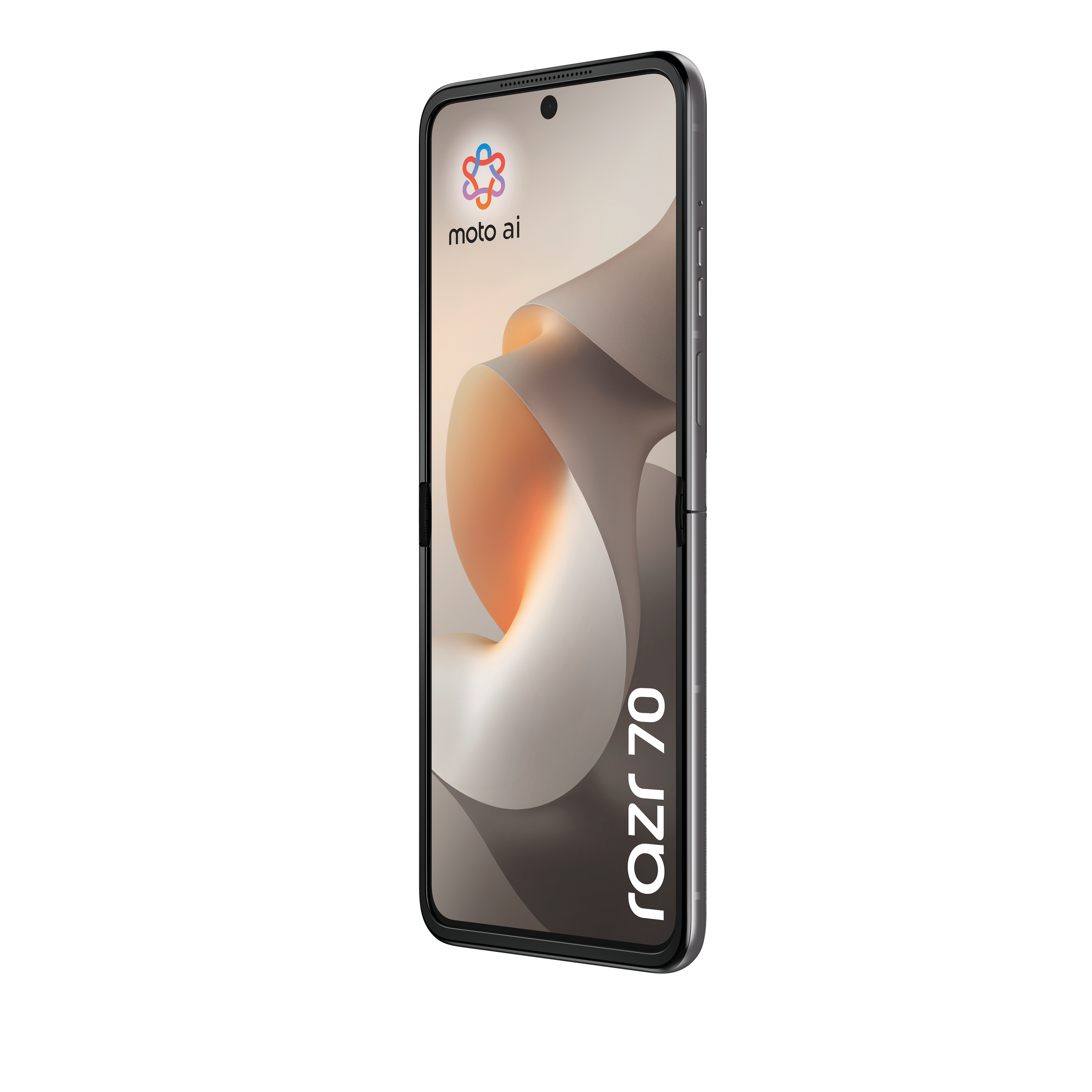 Ein Motorola Razr 70 Klapphandy mit einem abstrakten Hintergrund auf dem Bildschirm.