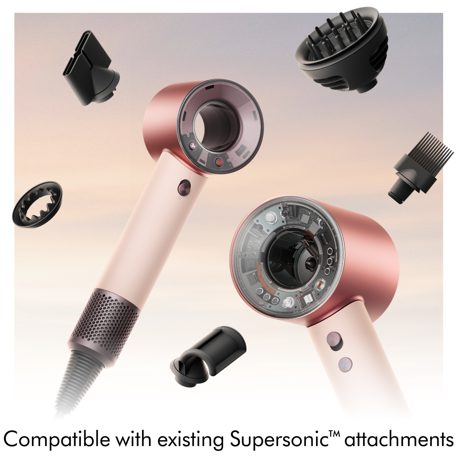 Hair dryer with attachments, floating parts against a light background.