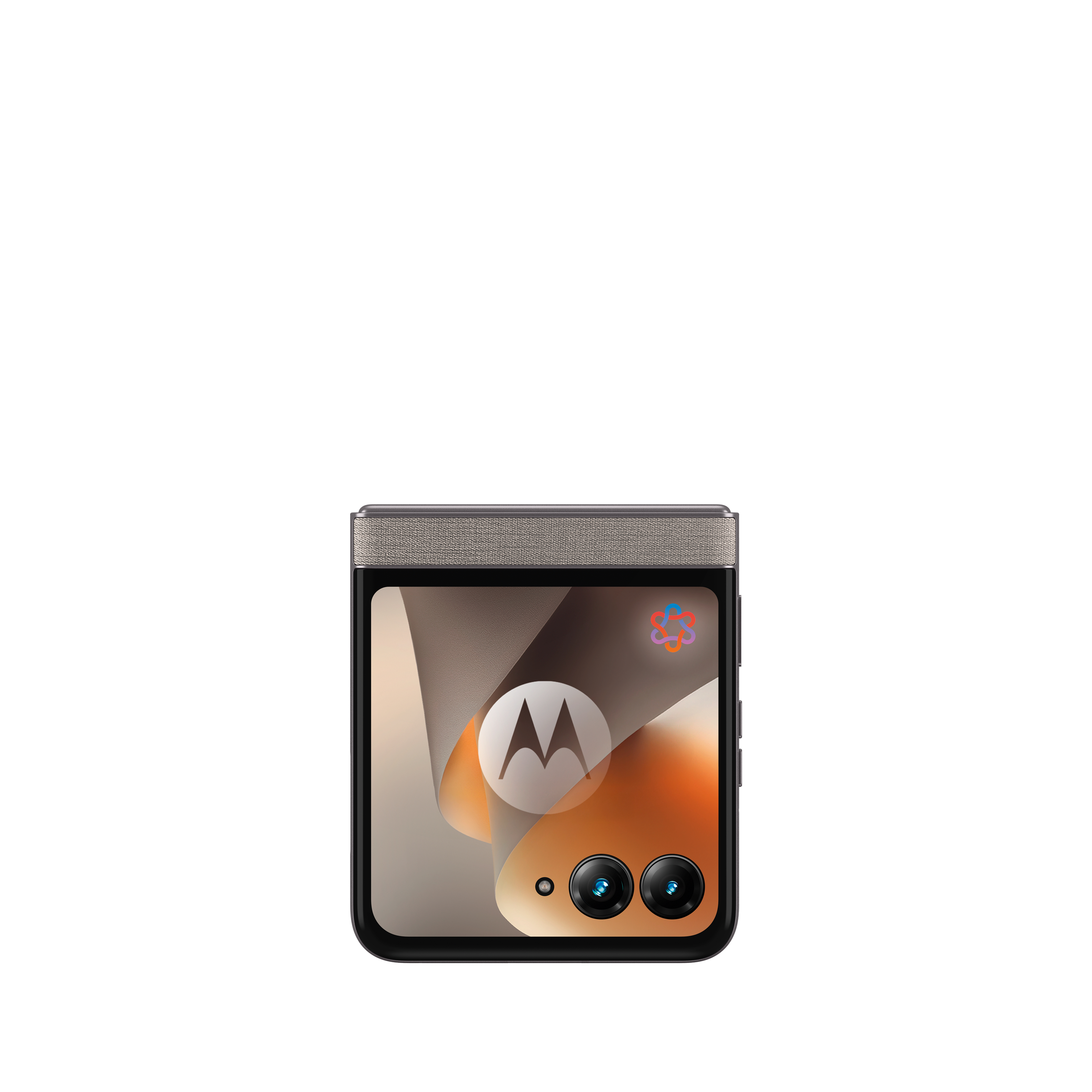 Ein geschlossenes Motorola Klapphandy mit zentriertem Logo und zwei Kameras.