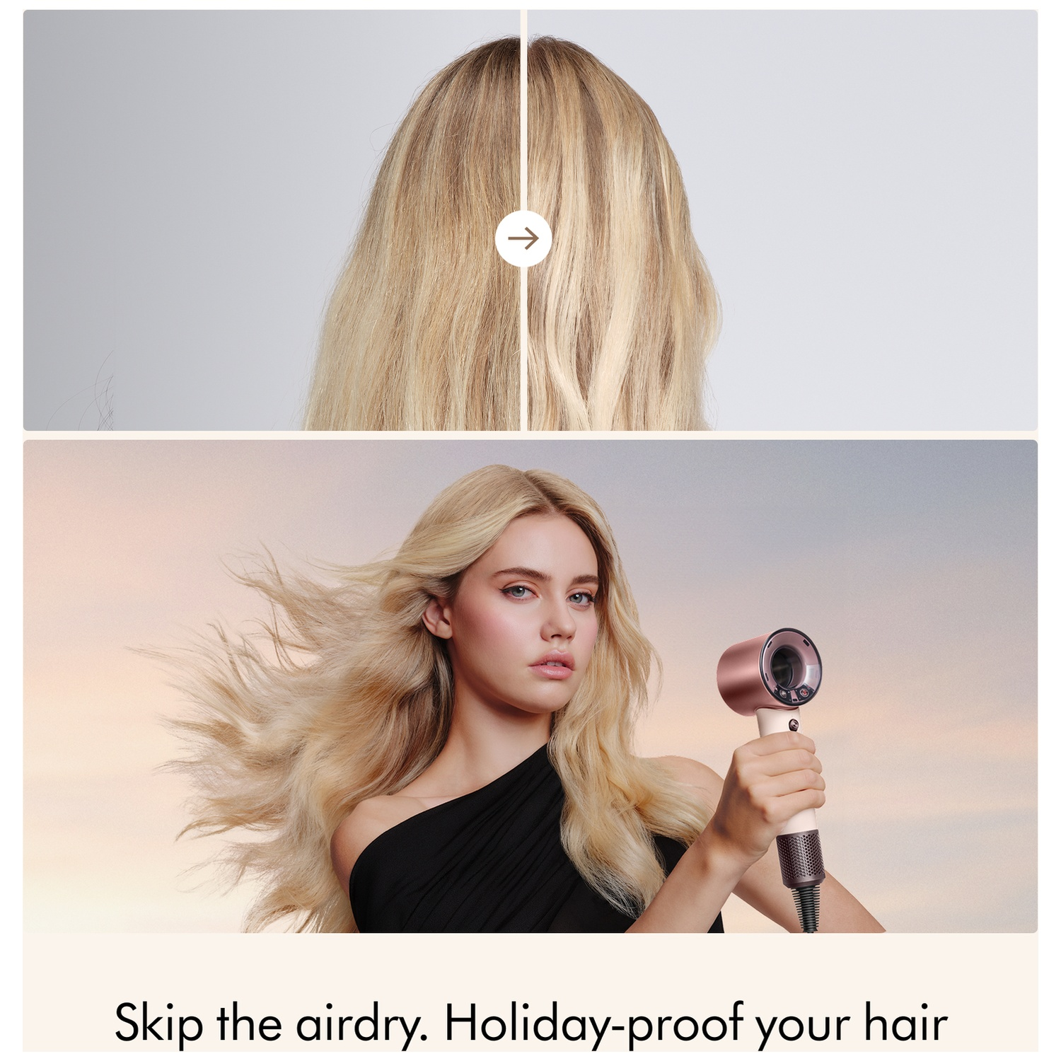 Split image: Left shows unstyled blonde hair. Right shows styled blonde hair with a hairdryer.