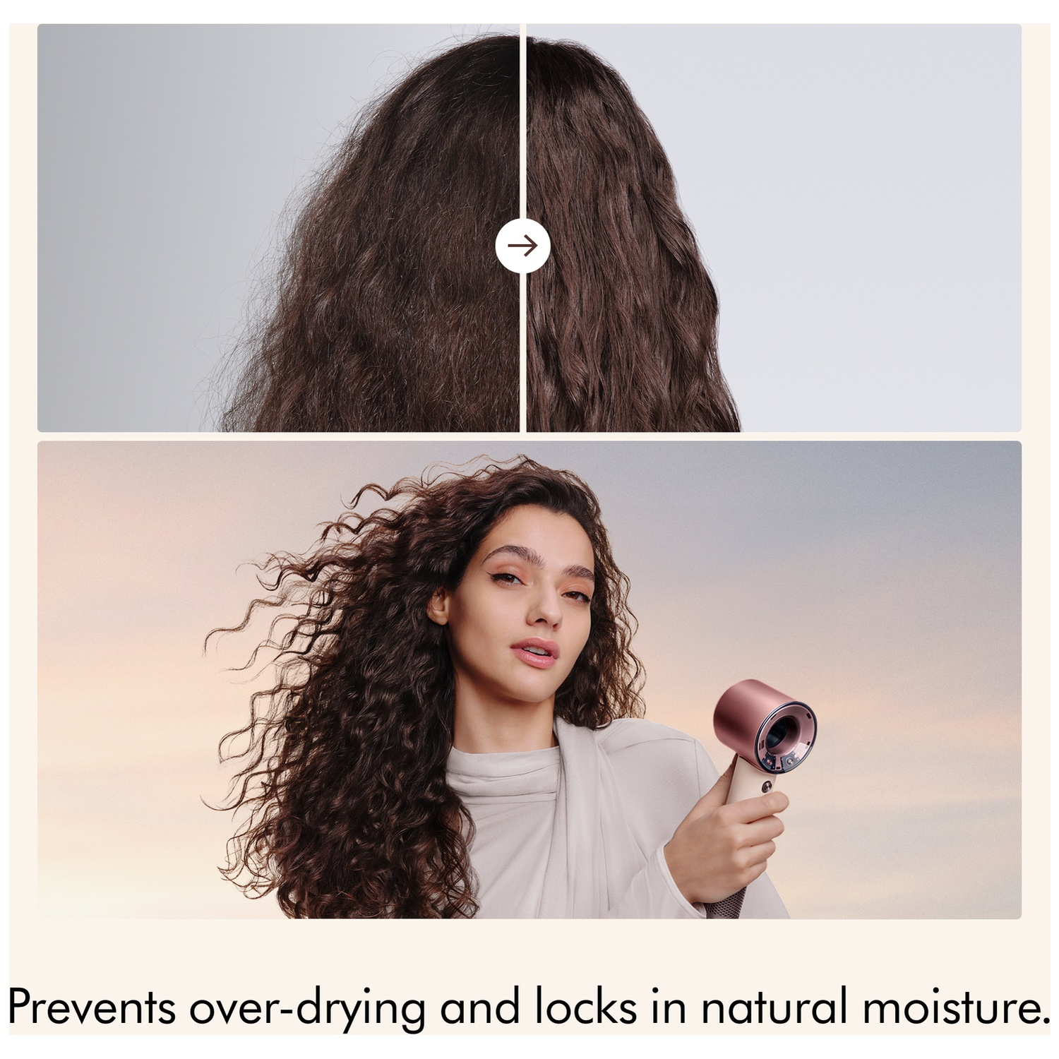 Before/after hair comparison and woman holding a rose gold hair dryer.