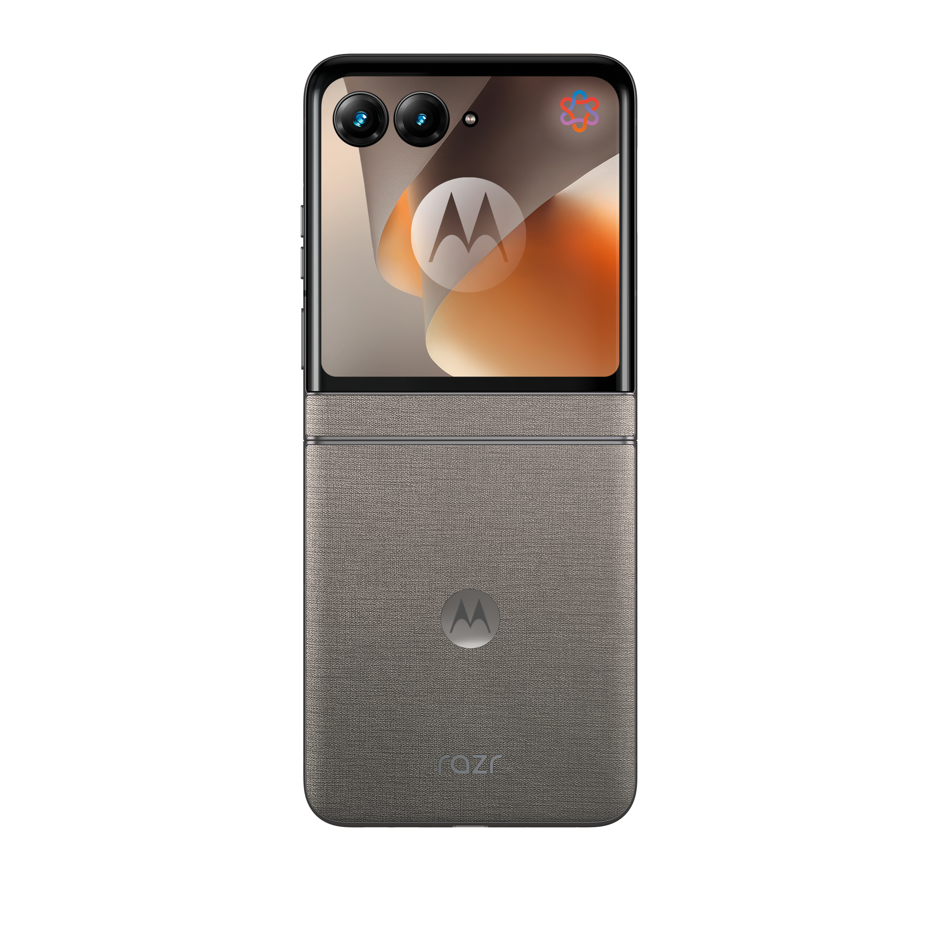 Ein geschlossenes graues Flip-Handy mit zwei Kameras oben und einem Motorola-Logo.