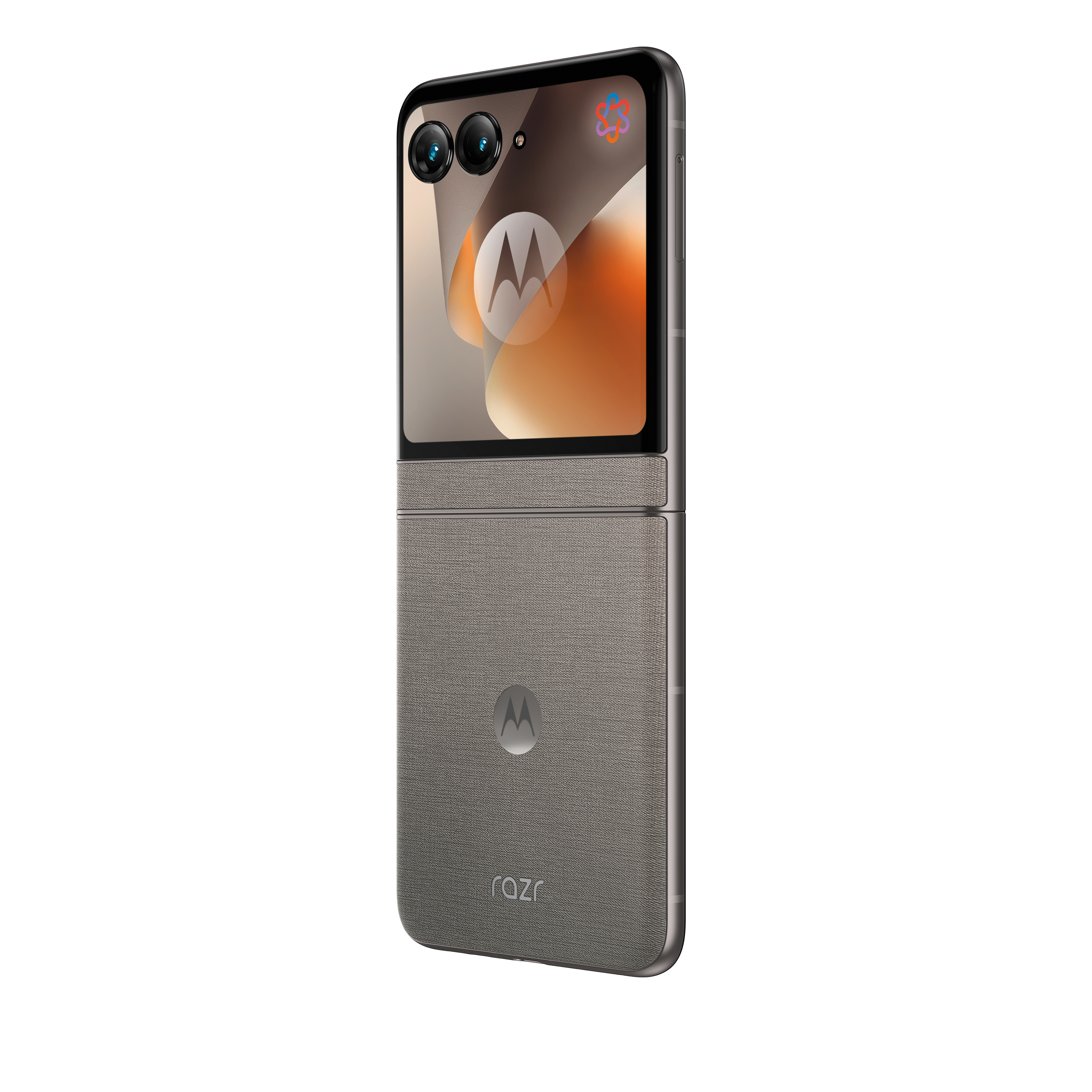 Ein graues Motorola Razr Klapphandy mit Kameras und Bildschirm.