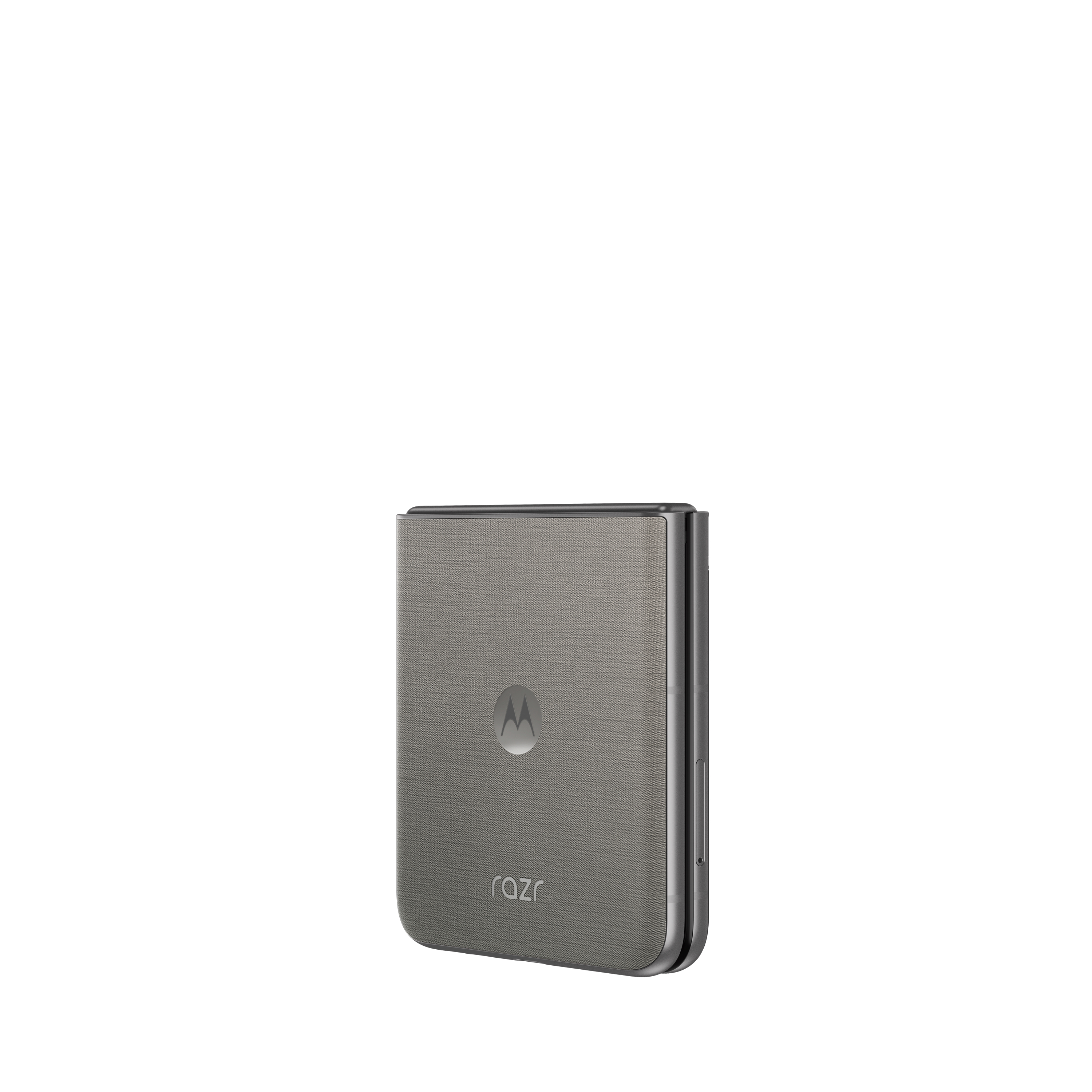 Graues Motorola Razr Klapphandy mit Logo, auf weißem Hintergrund.