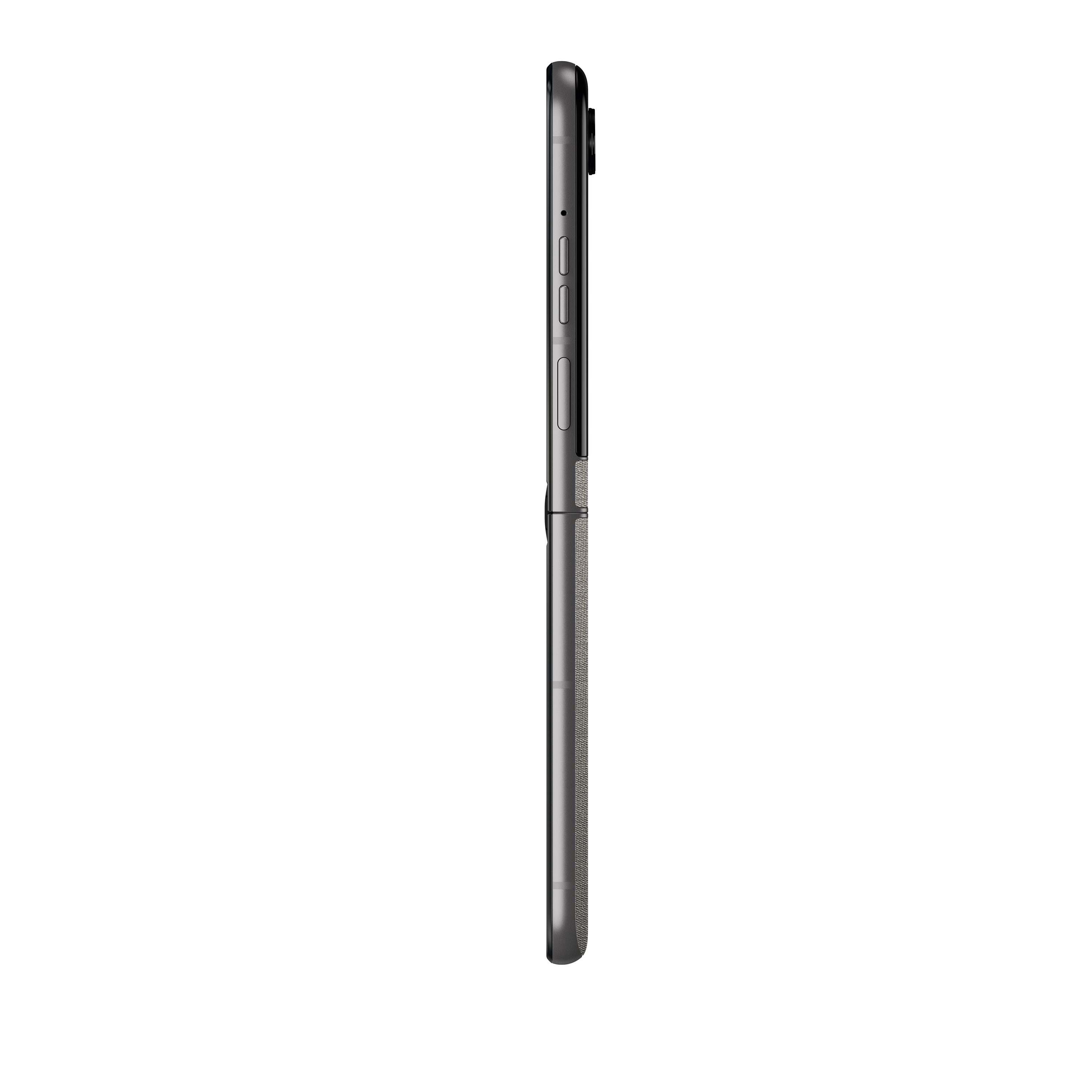 Graues Smartphone im geschlossenen Zustand von der Seite gesehen.