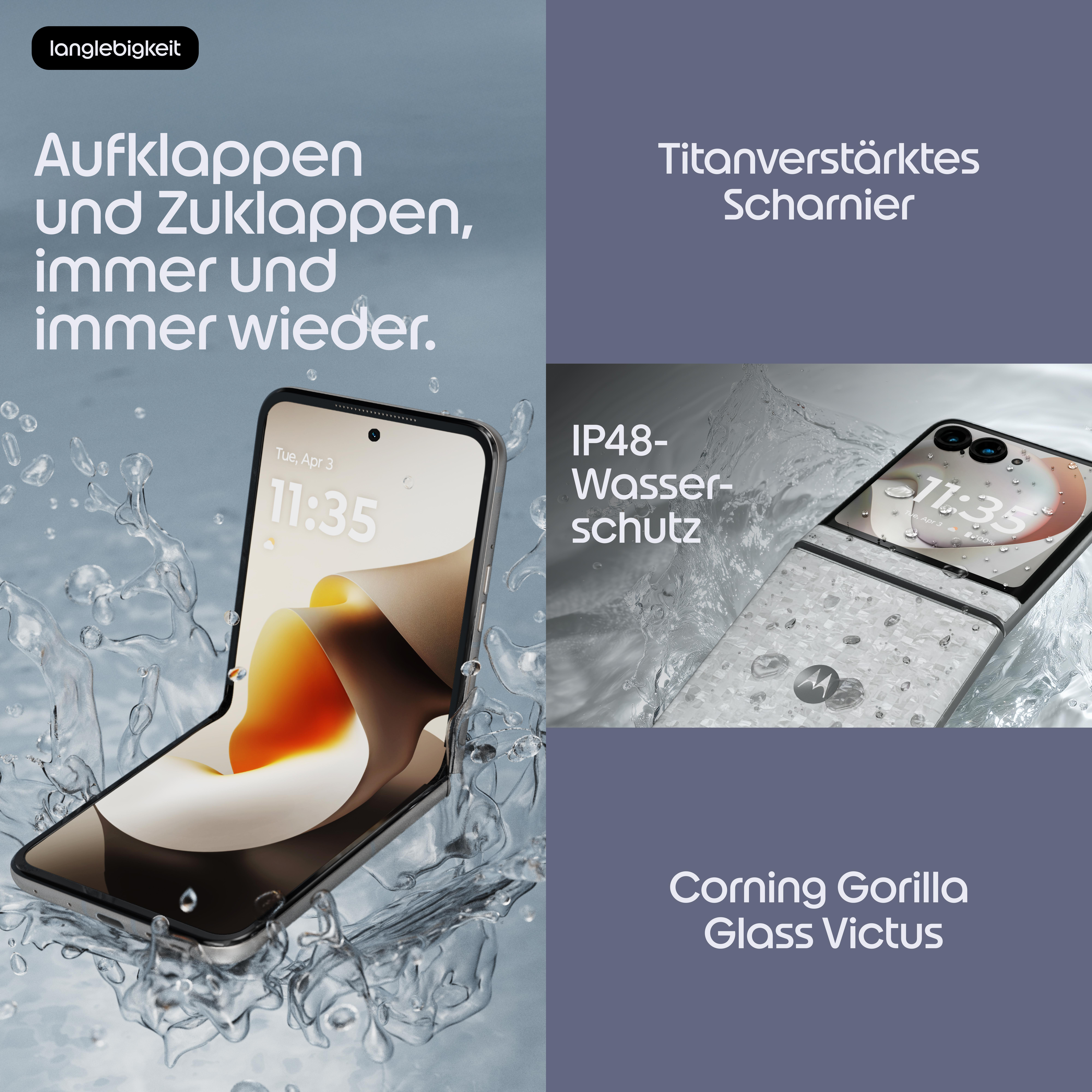 Ein faltbares Handy wird mit Wasserspritzern gezeigt, was seine Haltbarkeit und IP48-Wasserbeständigkeit hervorhebt.