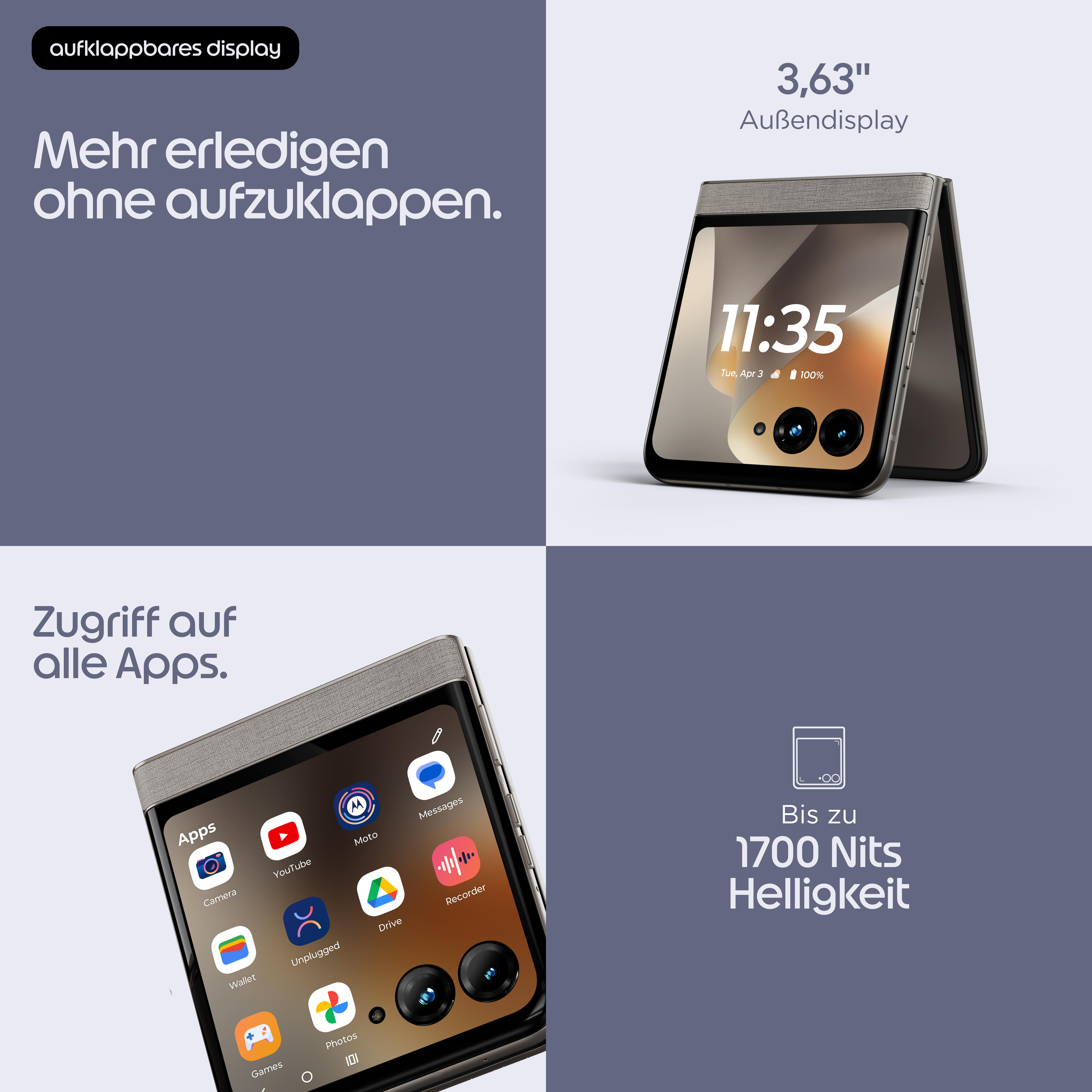 Ein faltbares Smartphone mit Außendisplay, das 11:35 Uhr anzeigt.