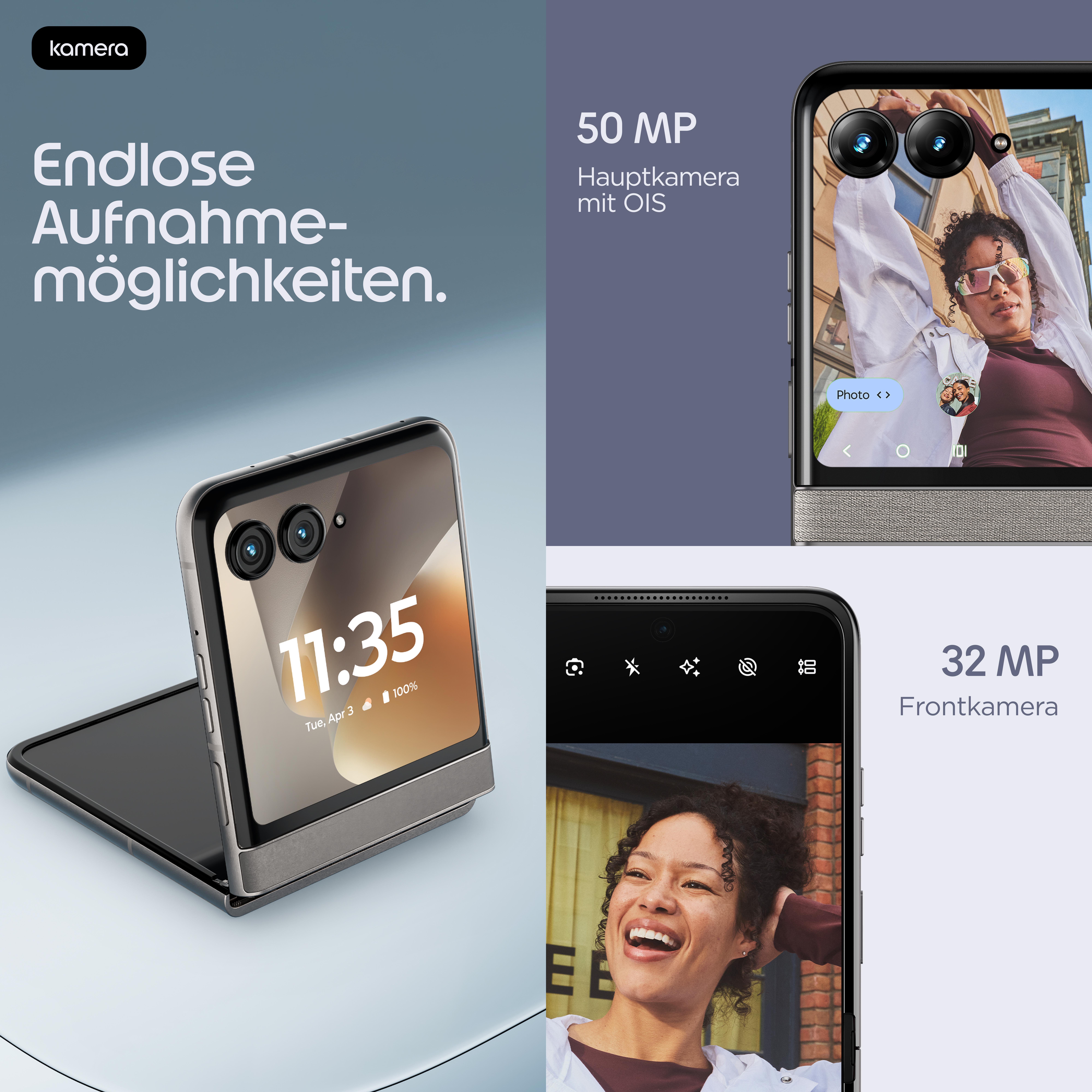 Ein faltbares Smartphone mit Kamerafunktionen und Text.