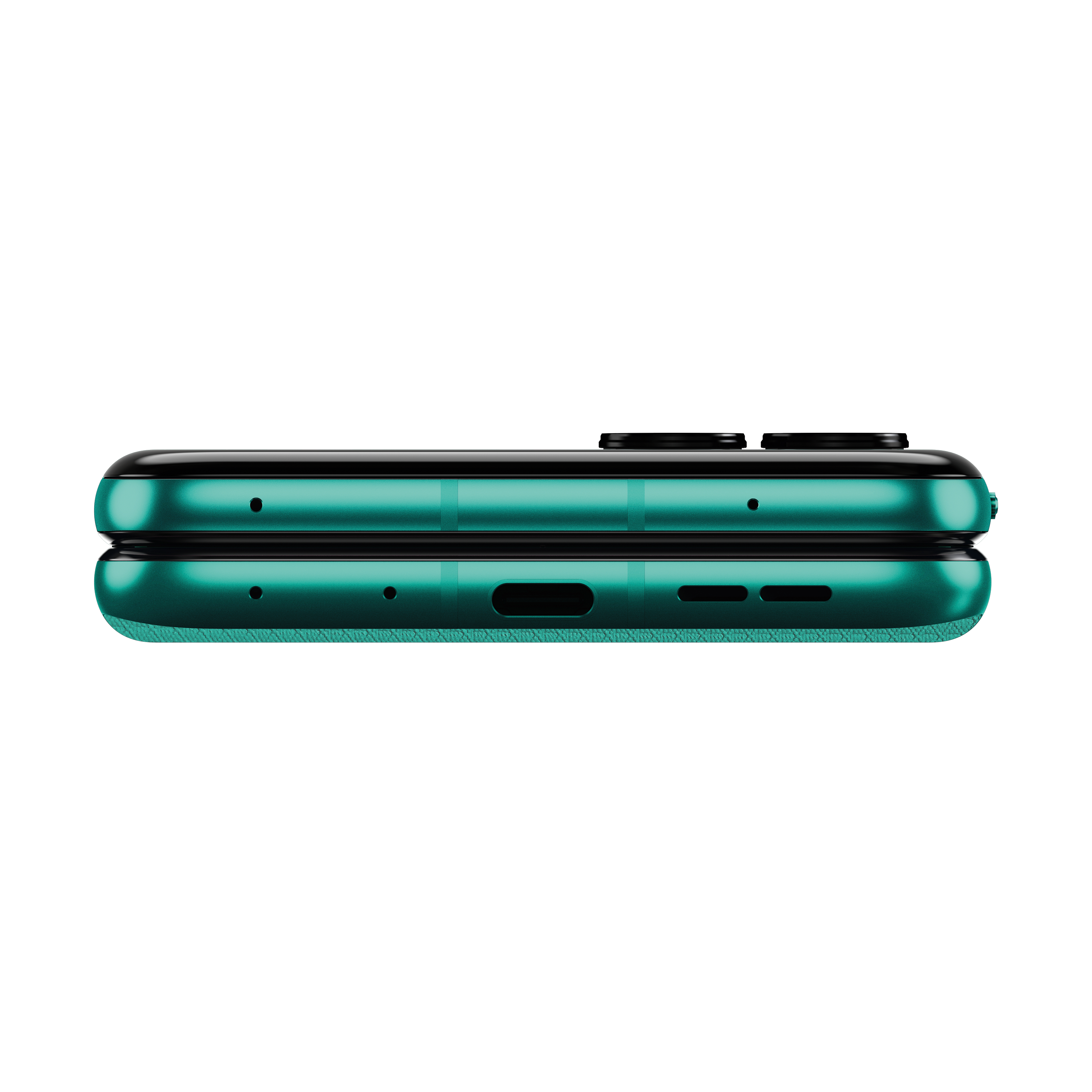 Ein grünes Smartphone mit schwarzen Bedienelementen und Ladeanschluss.