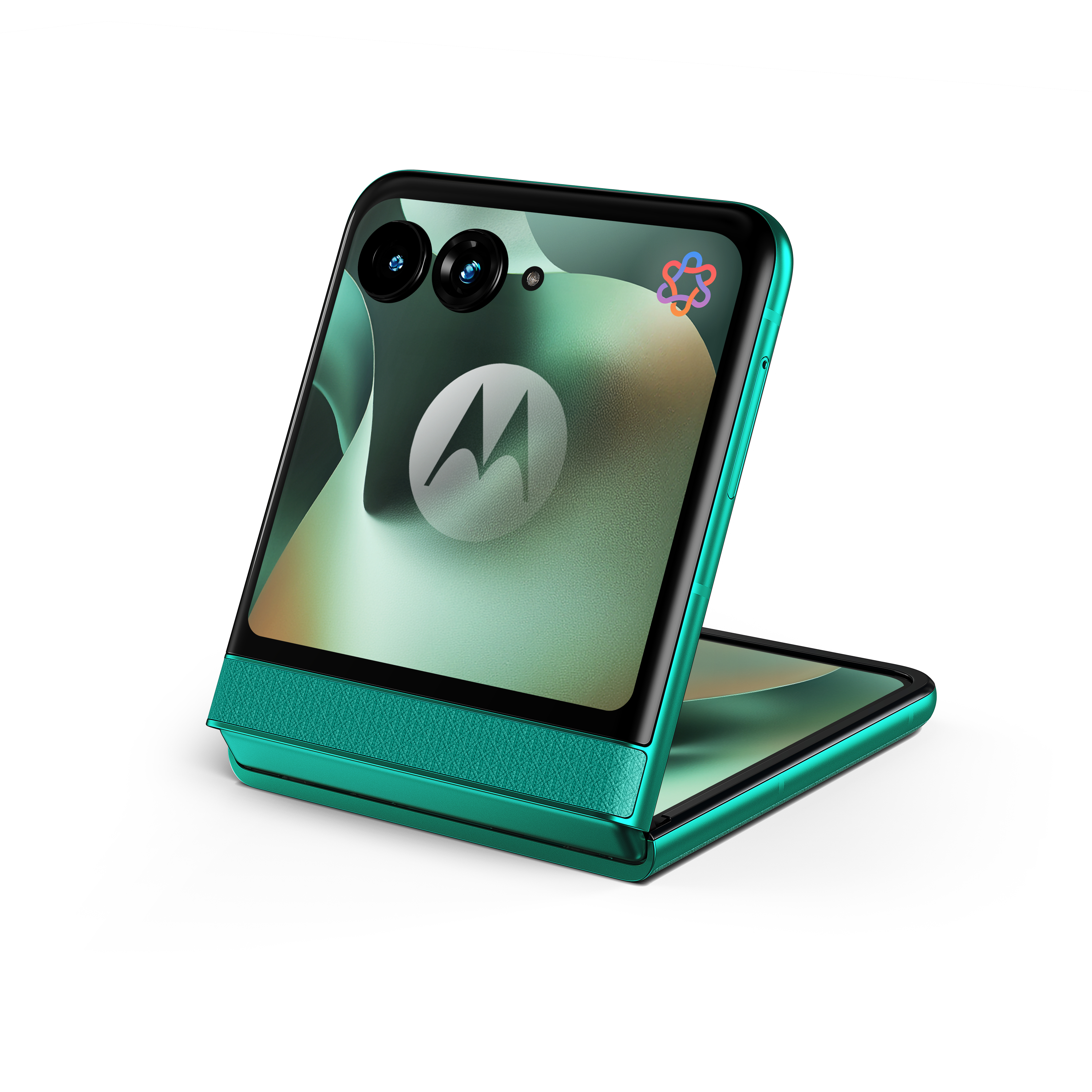 Ein grünes Klapphandy mit zwei Kameras und einem Motorola-Logo.