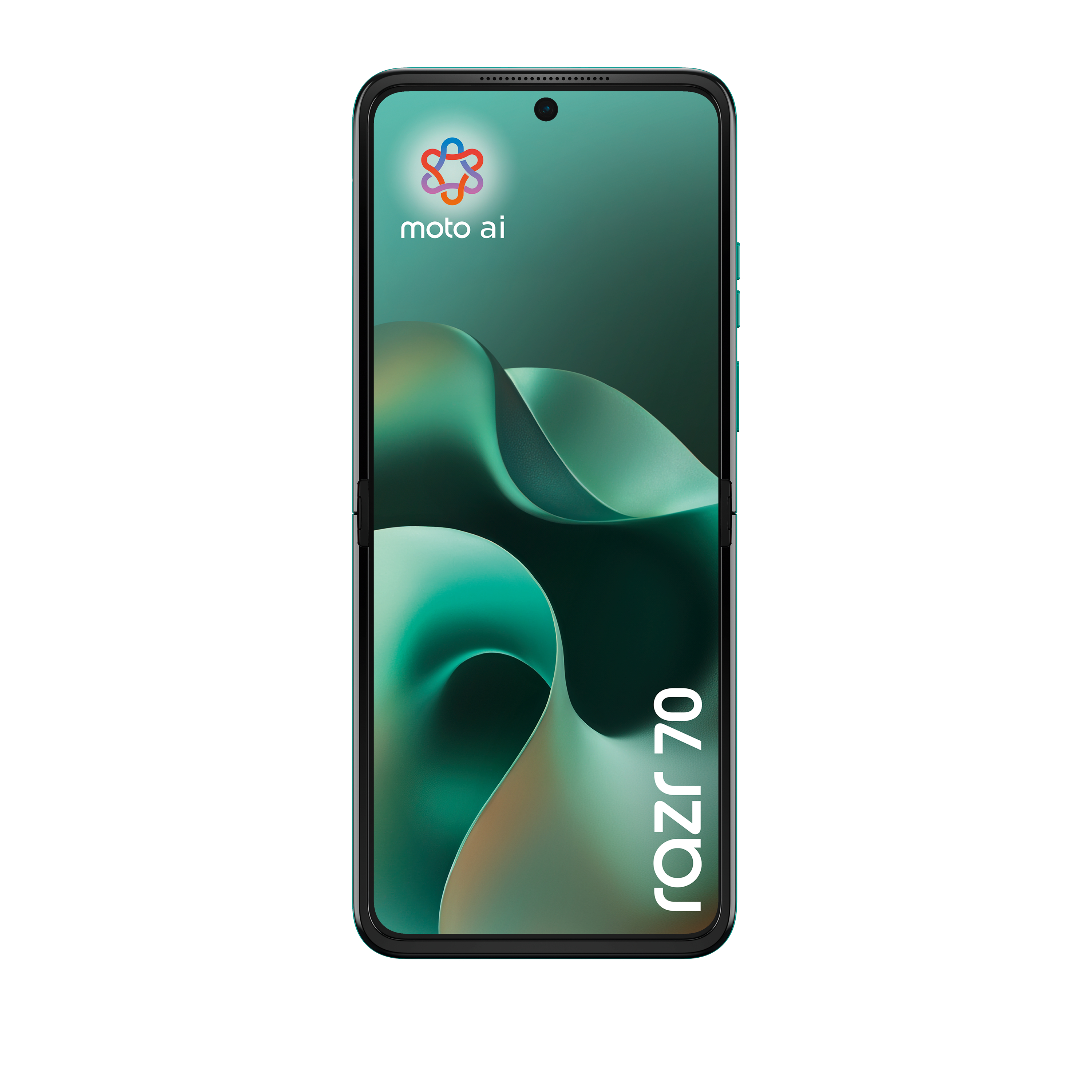 Ein grünes Motorola Razr 70 Smartphone mit einem fließenden Hintergrund und dem Moto KI-Logo.
