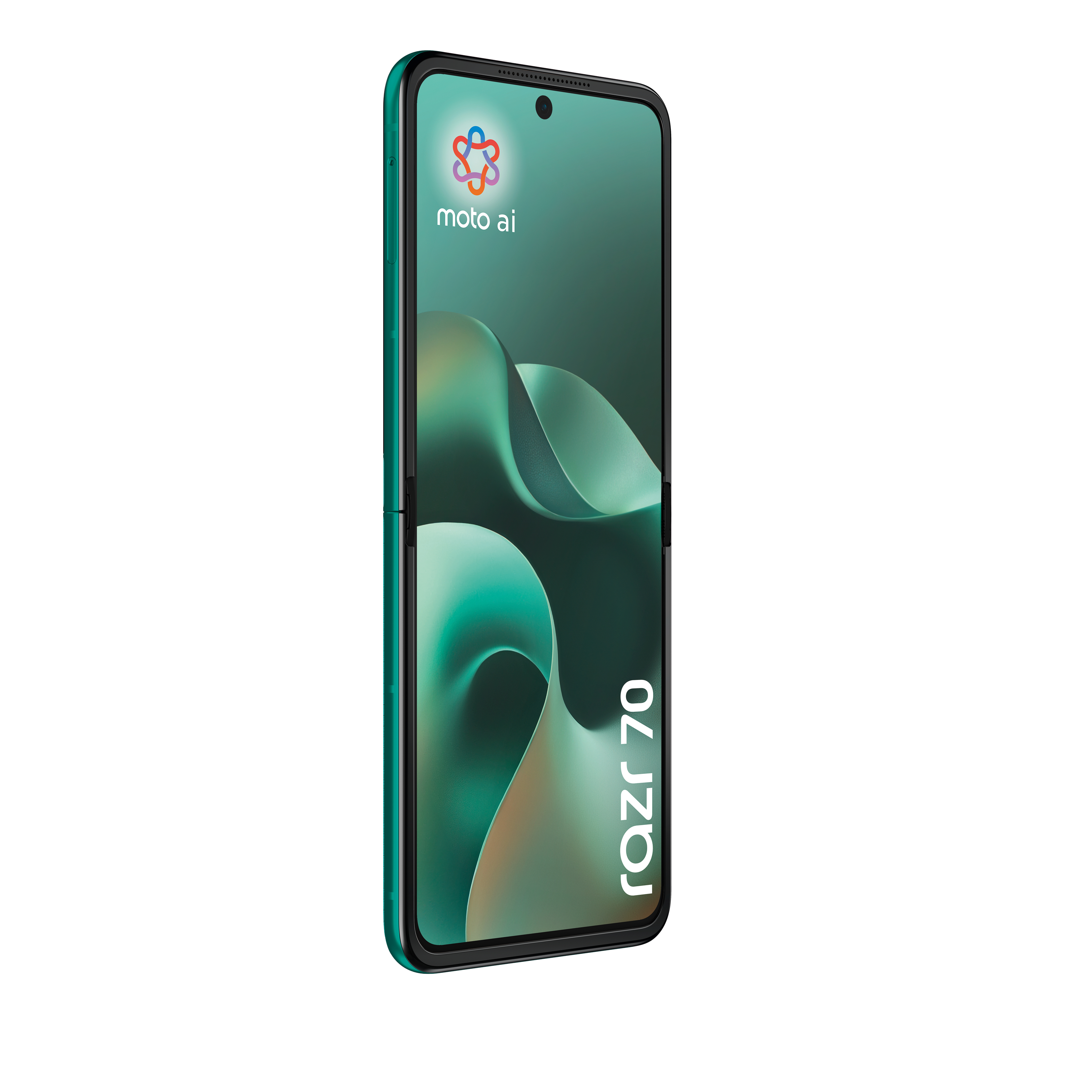 Ein grünes Motorola Razr 70 Smartphone mit geschwungenem Hintergrund.
