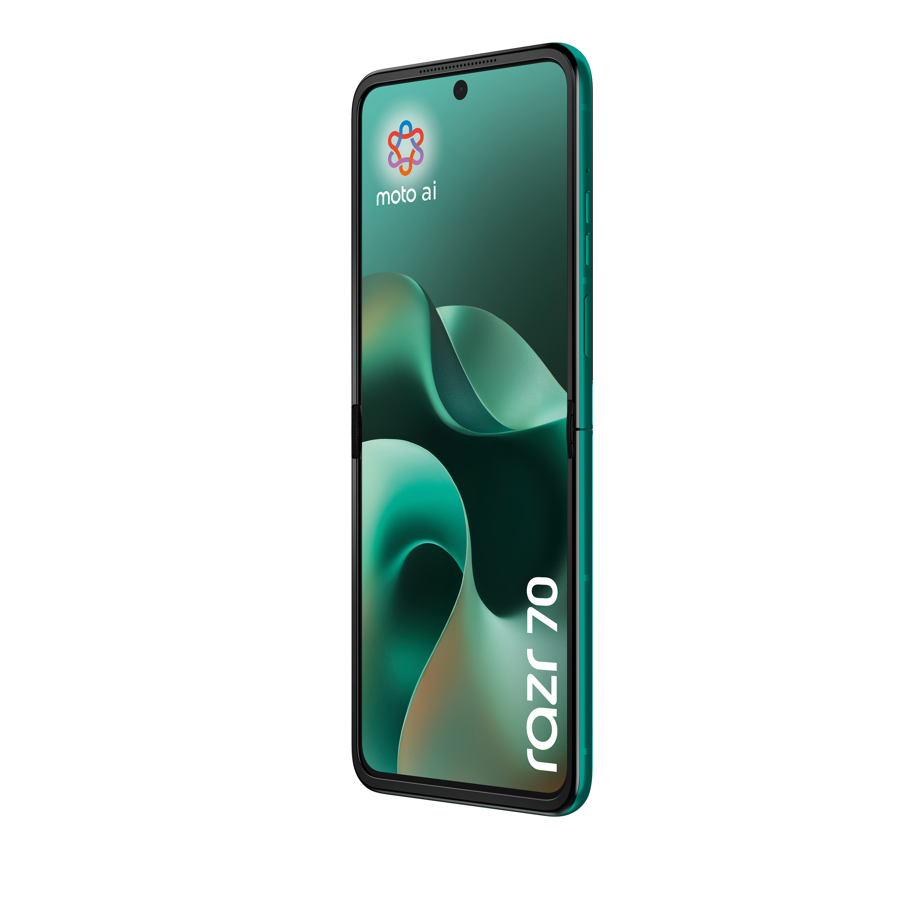 Ein grünes Motorola Razr 70 Klapphandy mit einem abstrakten Hintergrund.