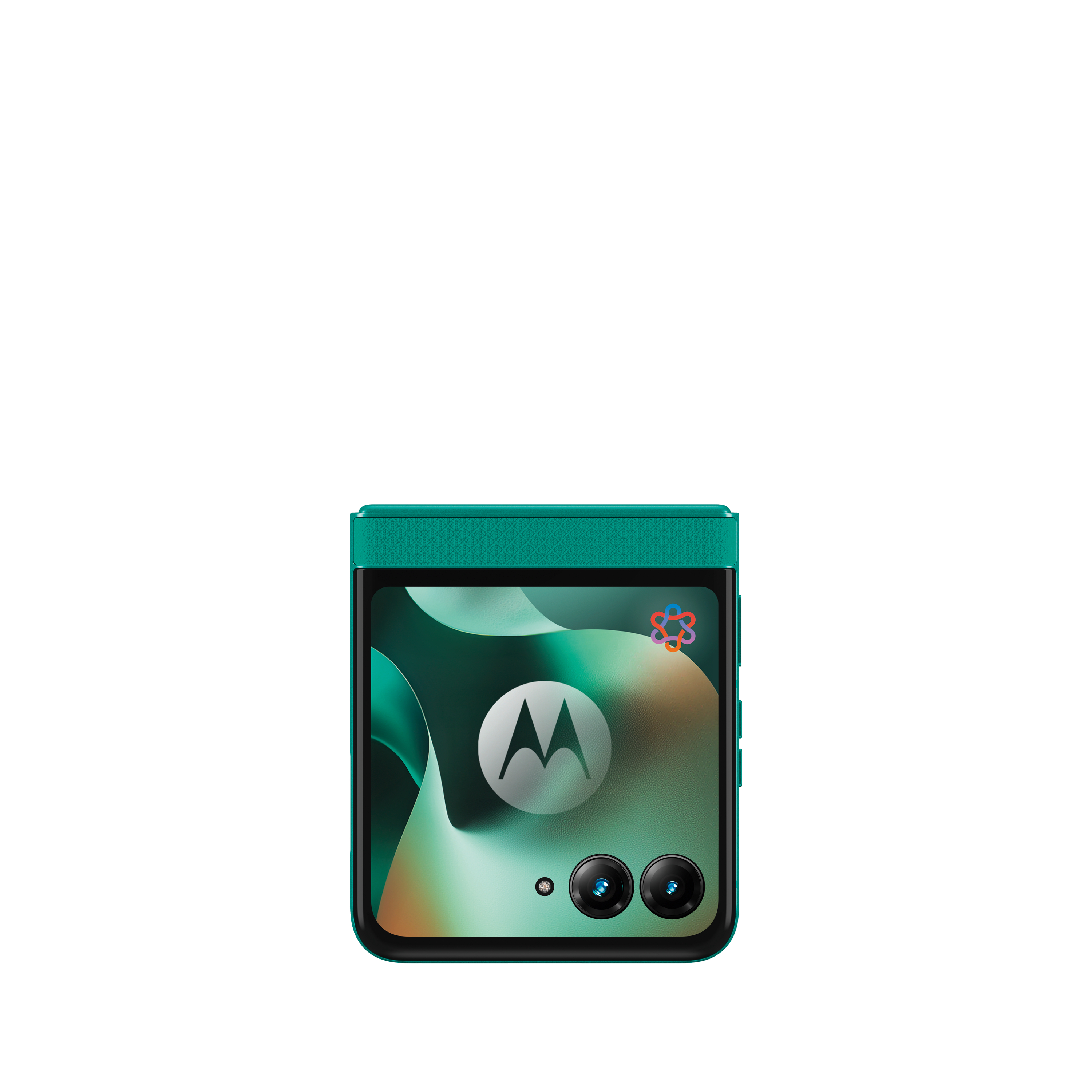 Ein türkisfarbenes Motorola-Smartphone mit zwei Kameras und Motorola-Logo auf dem Bildschirm.