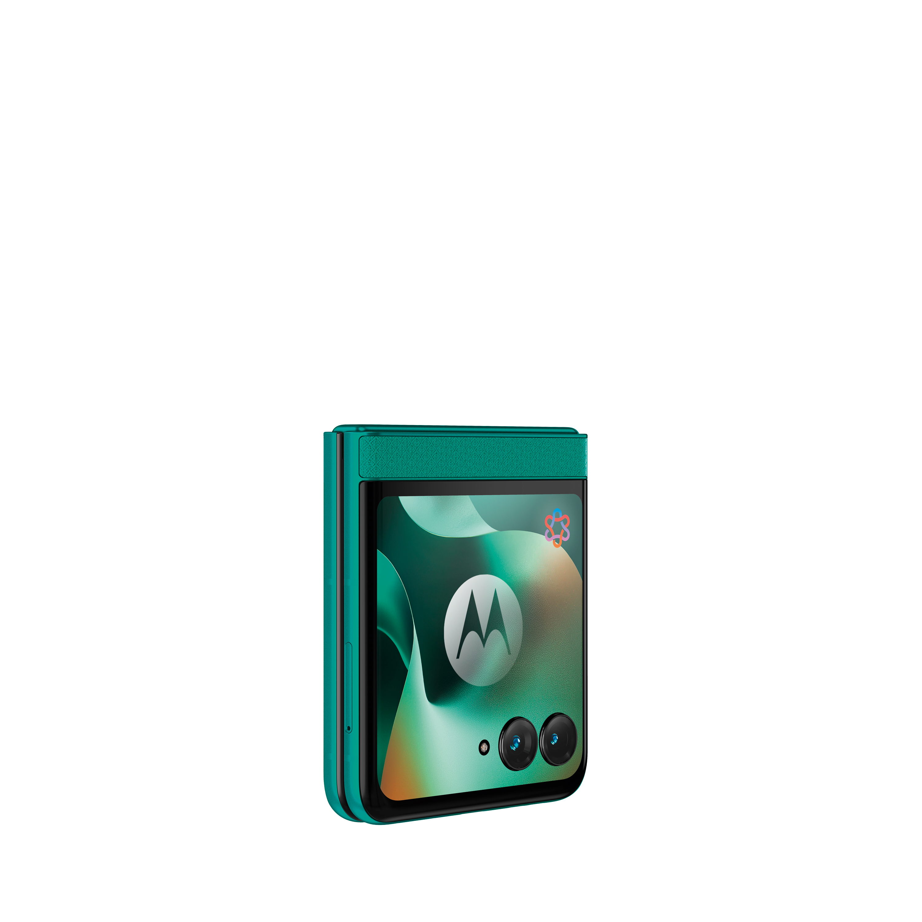 Ein geschlossenes, smaragdgrünes Flip-Handy mit Motorola-Logo auf dem Bildschirm.