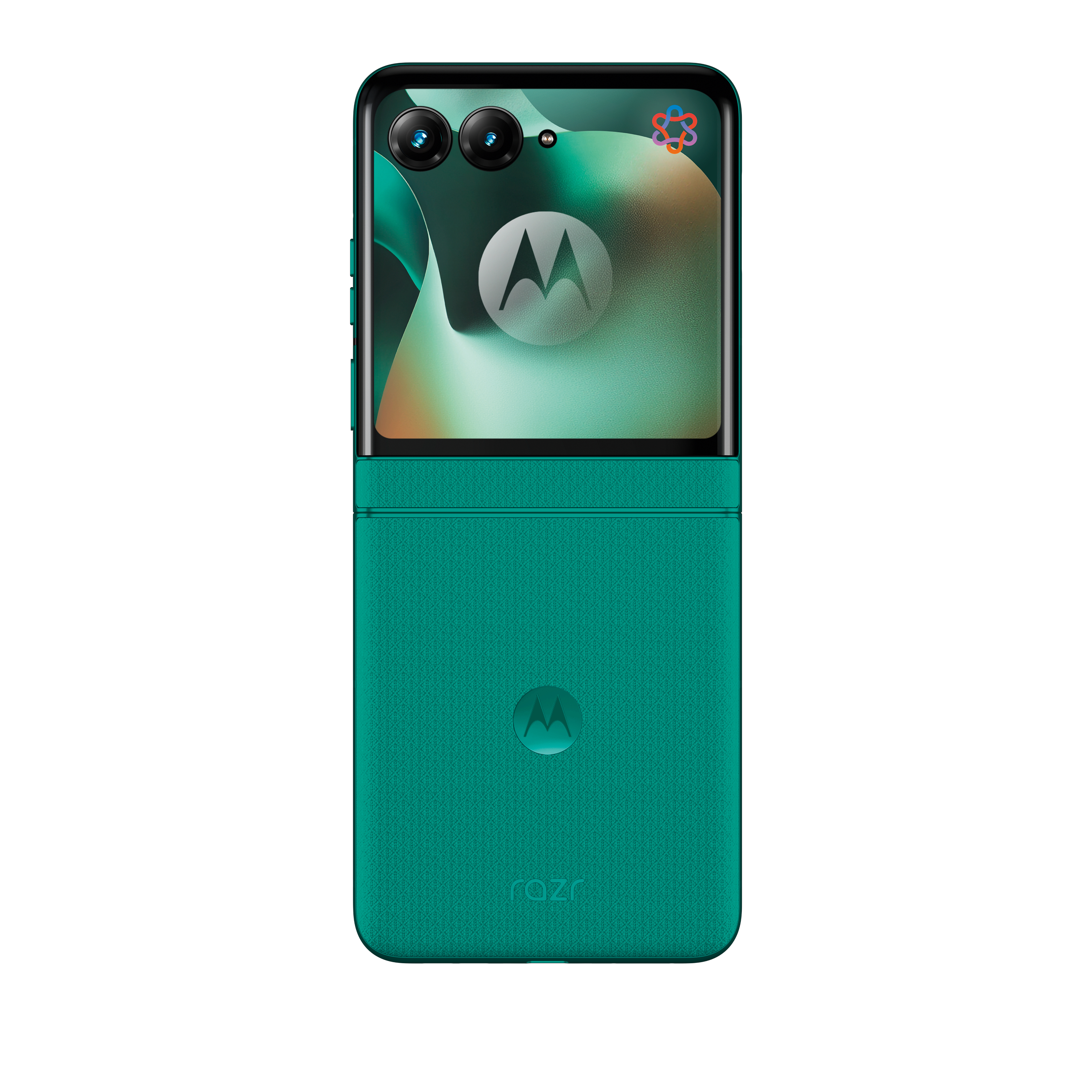 Ein aufklappbares Smartphone in Türkis mit zwei Kameras oben und einem Motorola-Logo.