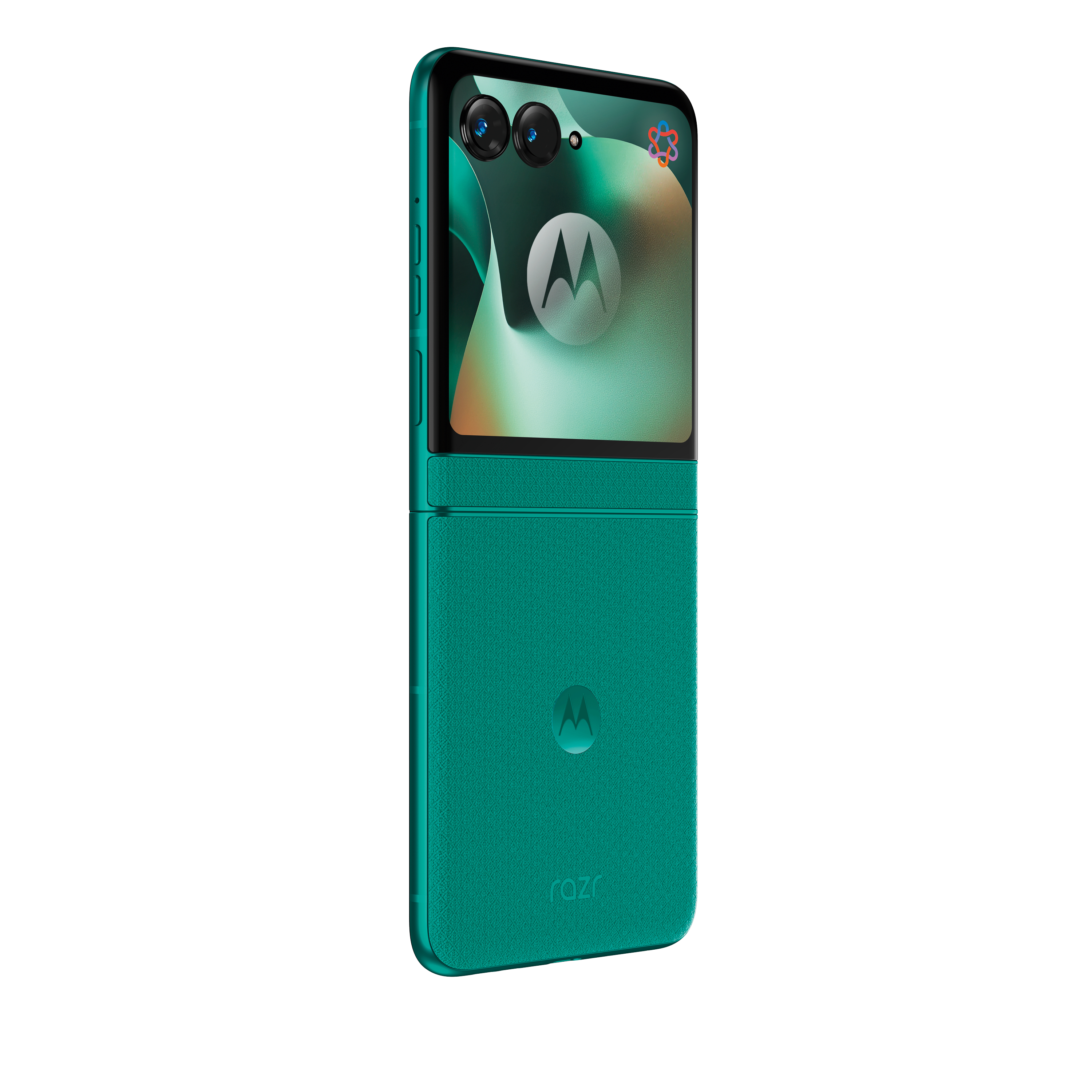 Ein türkisfarbener faltbarer Motorola Razr mit zwei Kameras auf der Oberseite.