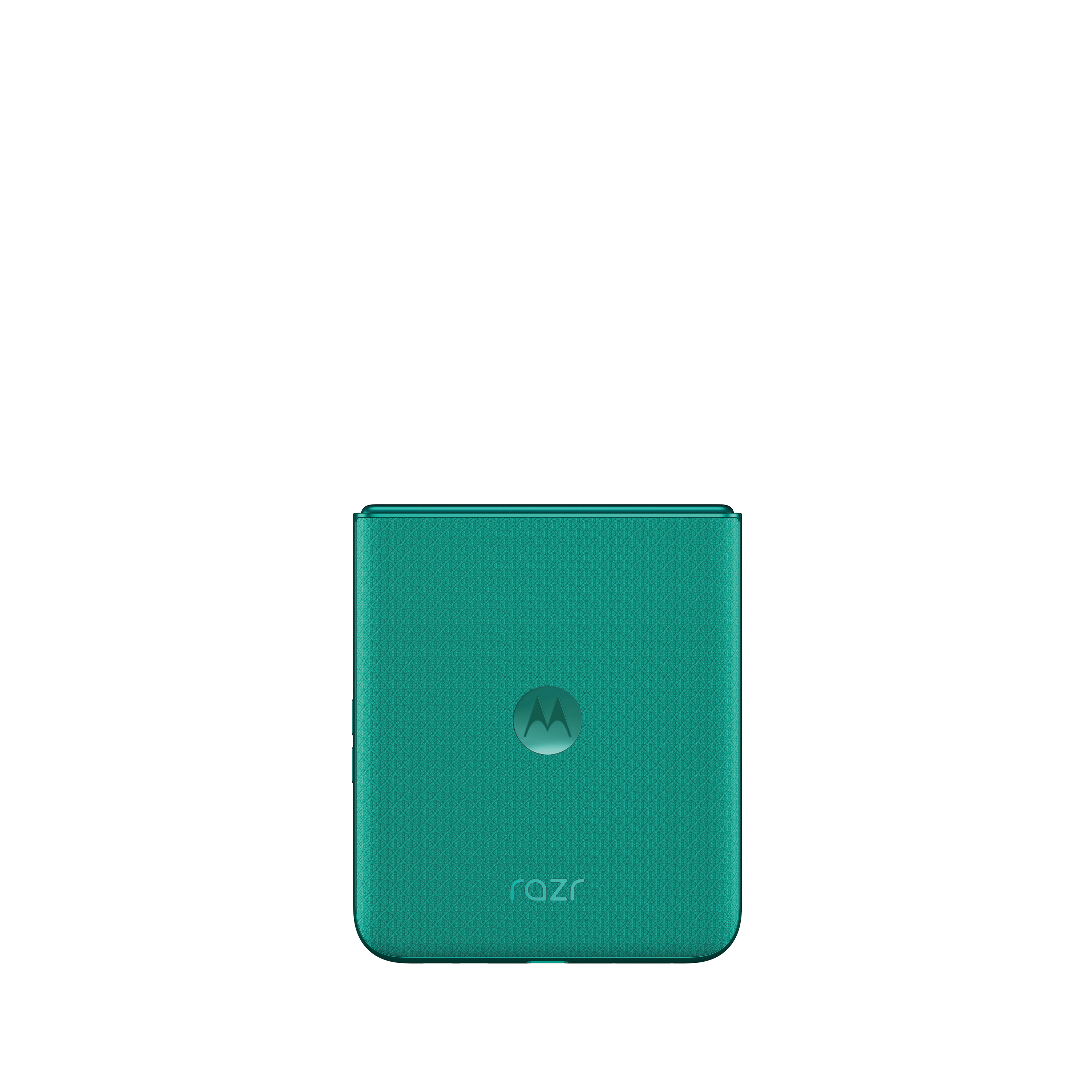 Ein geschlossenes, türkisgrünes Motorola Razr Handy mit Logo.