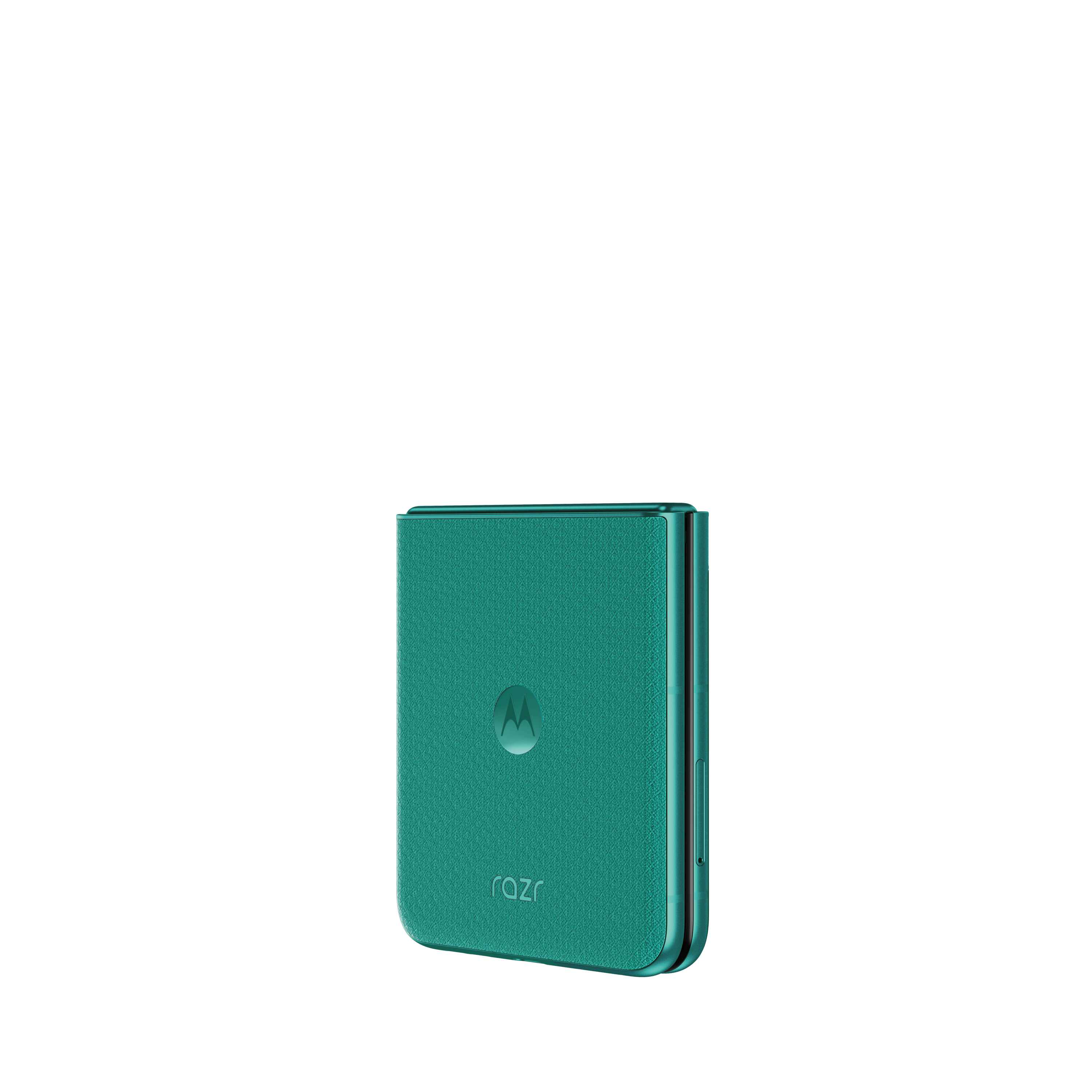 Ein geschlossenes, türkisfarbenes Motorola Razr-Klapphandy mit Motorola-Logo.