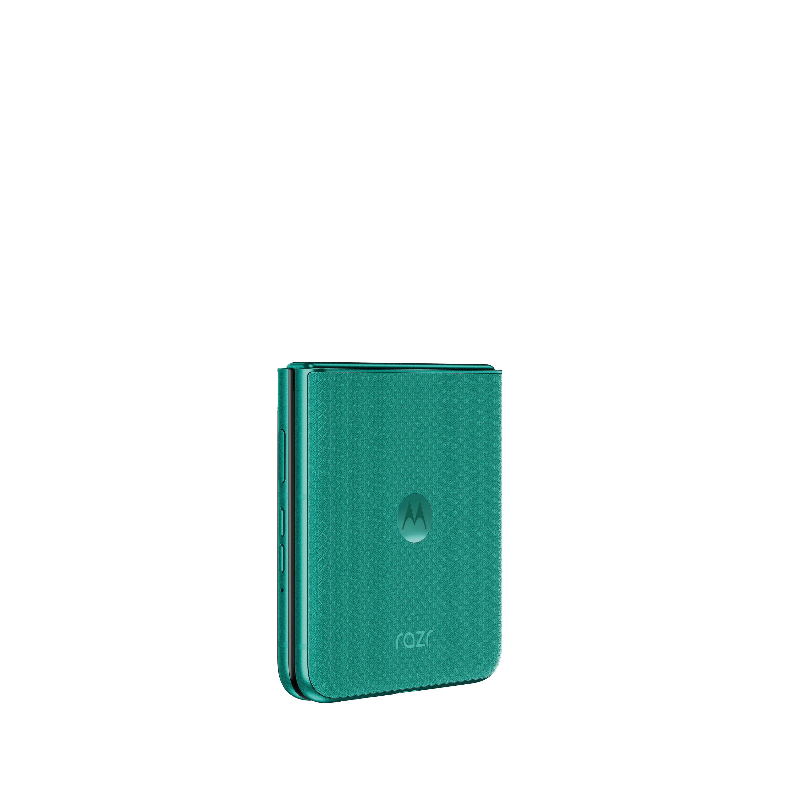 Ein geschlossenes smaragdgrünes Motorola Razr Flip-Handy mit Motorola-Logo.