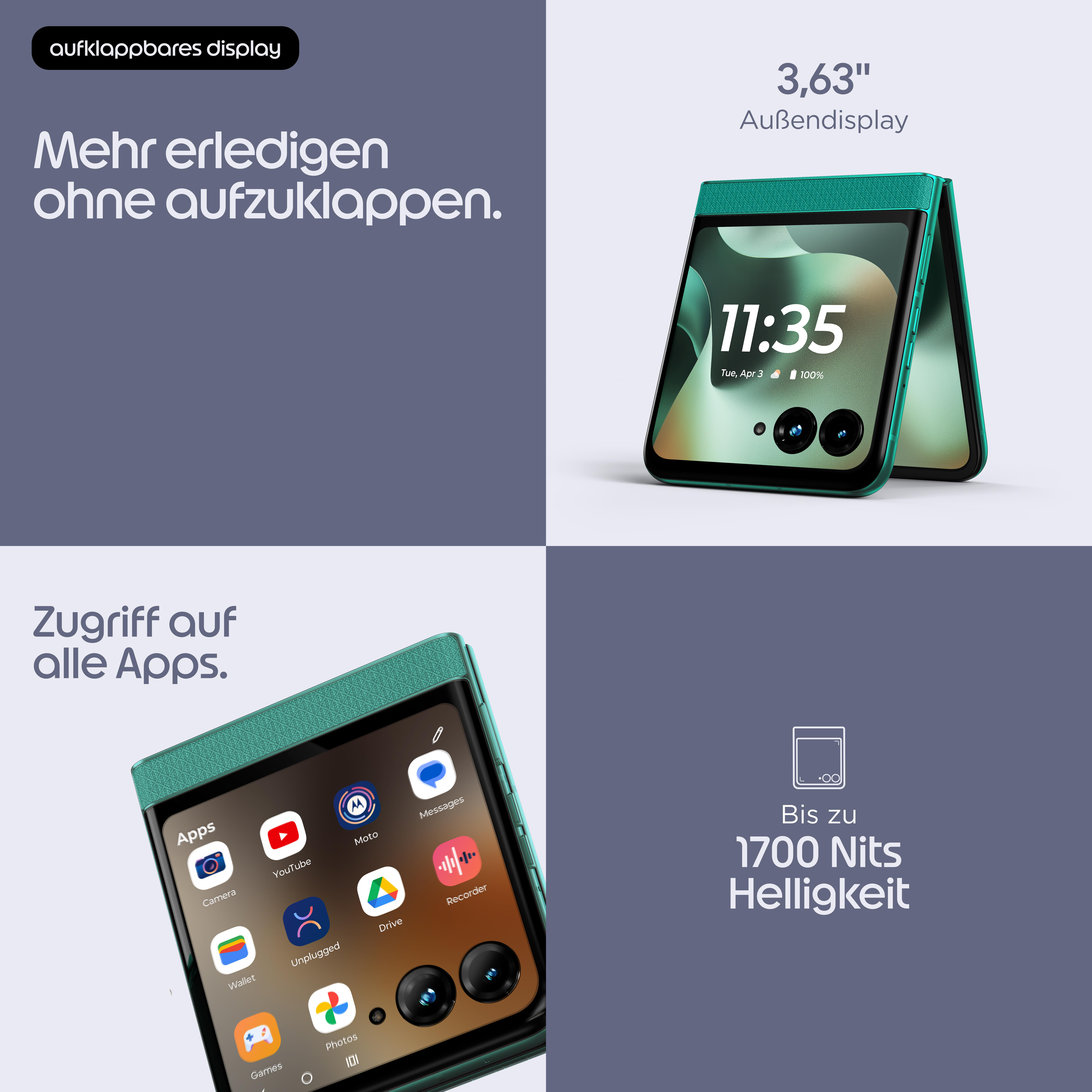 Ein aufklappbares Handy mit Außendisplay und App-Zugriff.