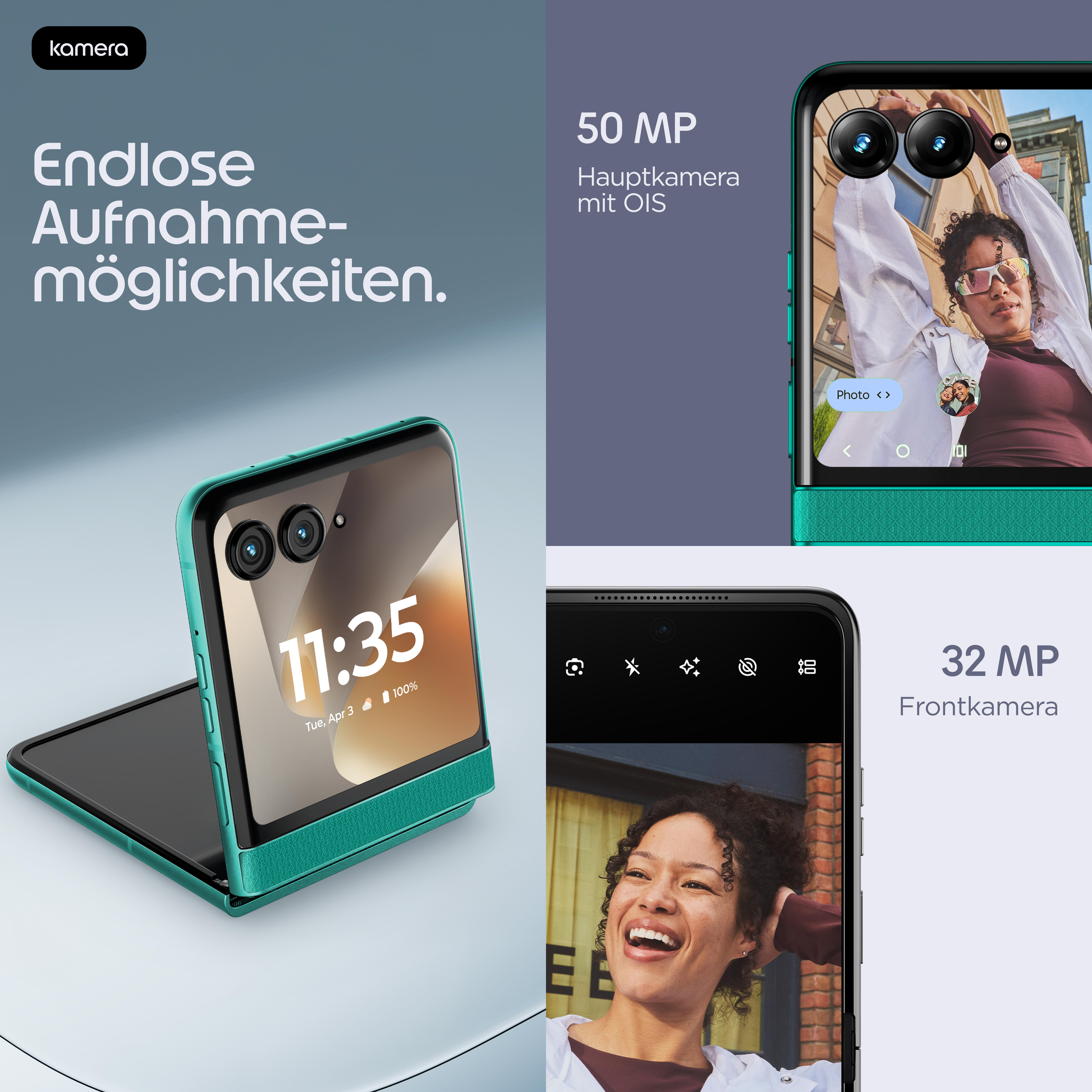 Ein grünes Klapphandy mit zwei Kameras und einer Zeit von 11:35. Daneben eine Nahaufnahme einer lächelnden Frau.