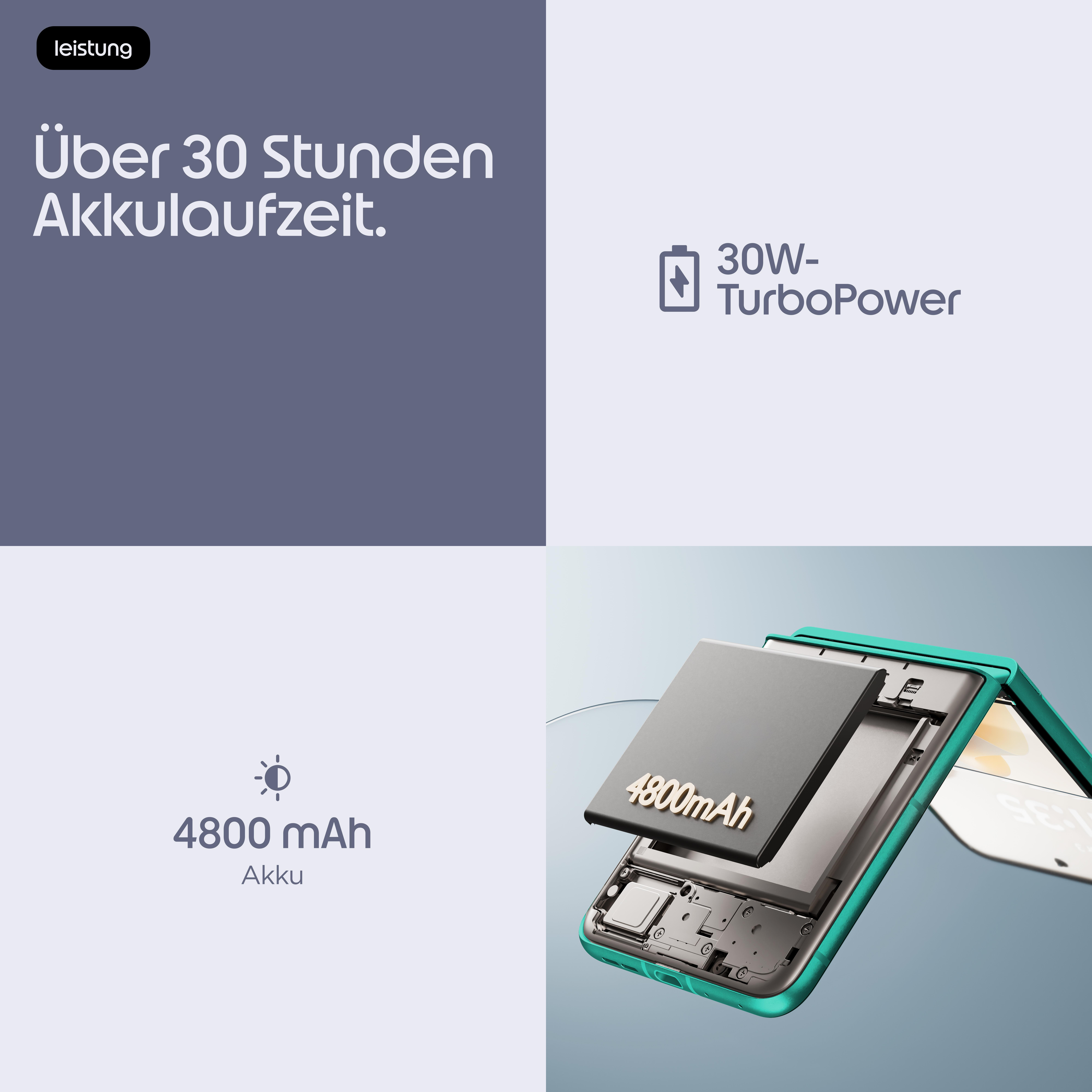 Leistung, über 30 Stunden Akkulaufzeit, 4800 mAh Akku, 30W TurboPower.