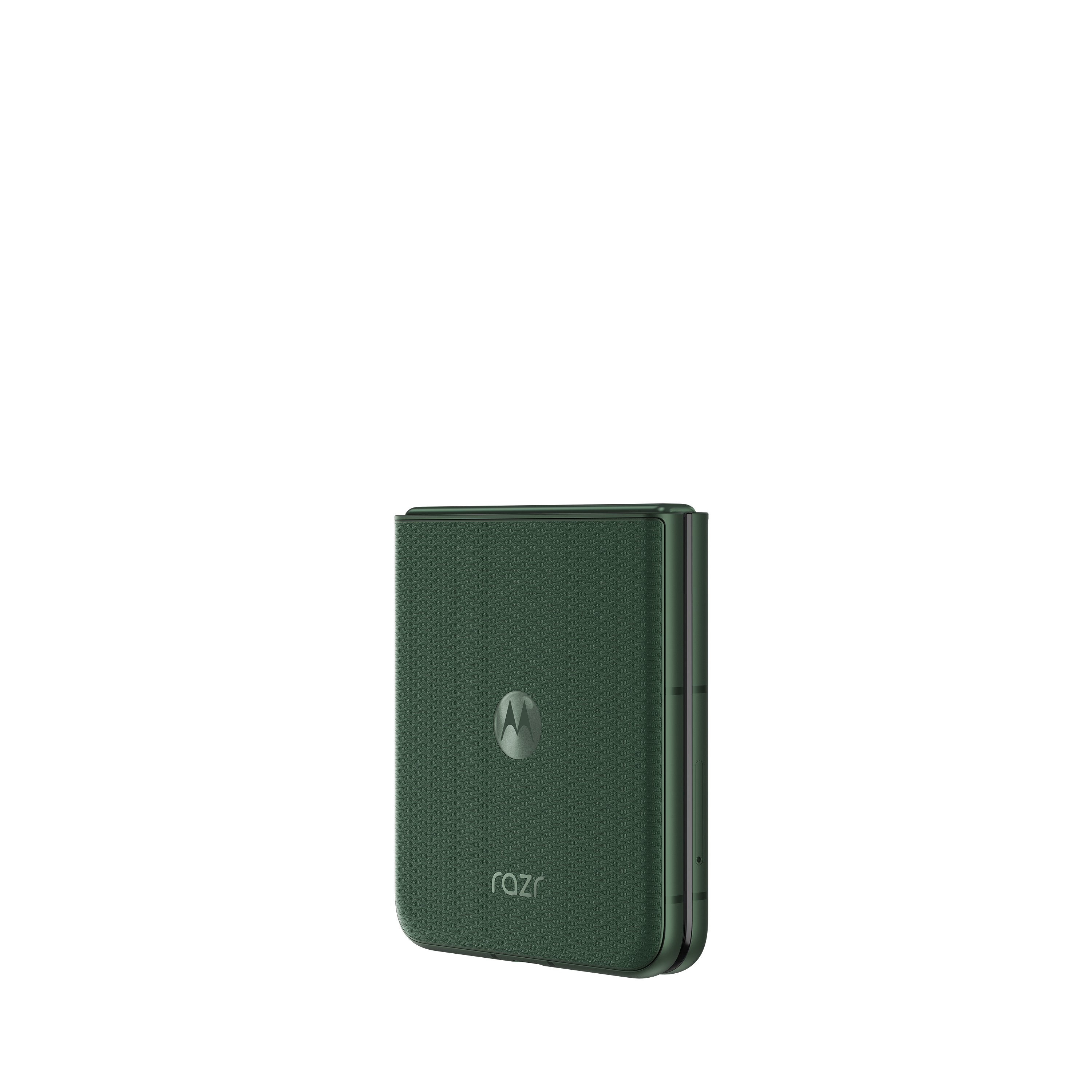 Dunkelgrünes Motorola Razr-Klapphandy mit texturiertem Muster und Logo.