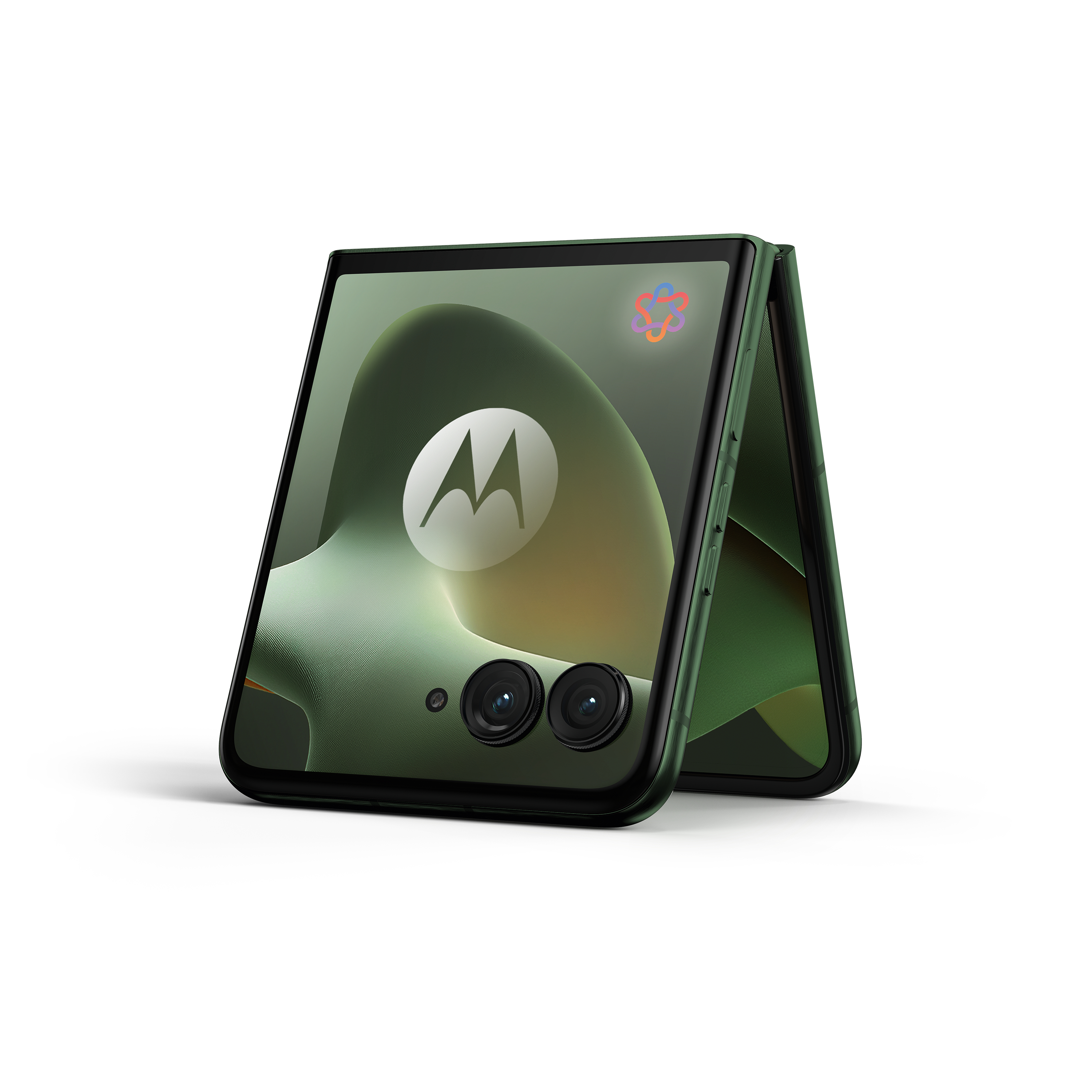 Ein grünes faltbares Motorola-Handy mit zwei Kameras auf weißem Hintergrund.