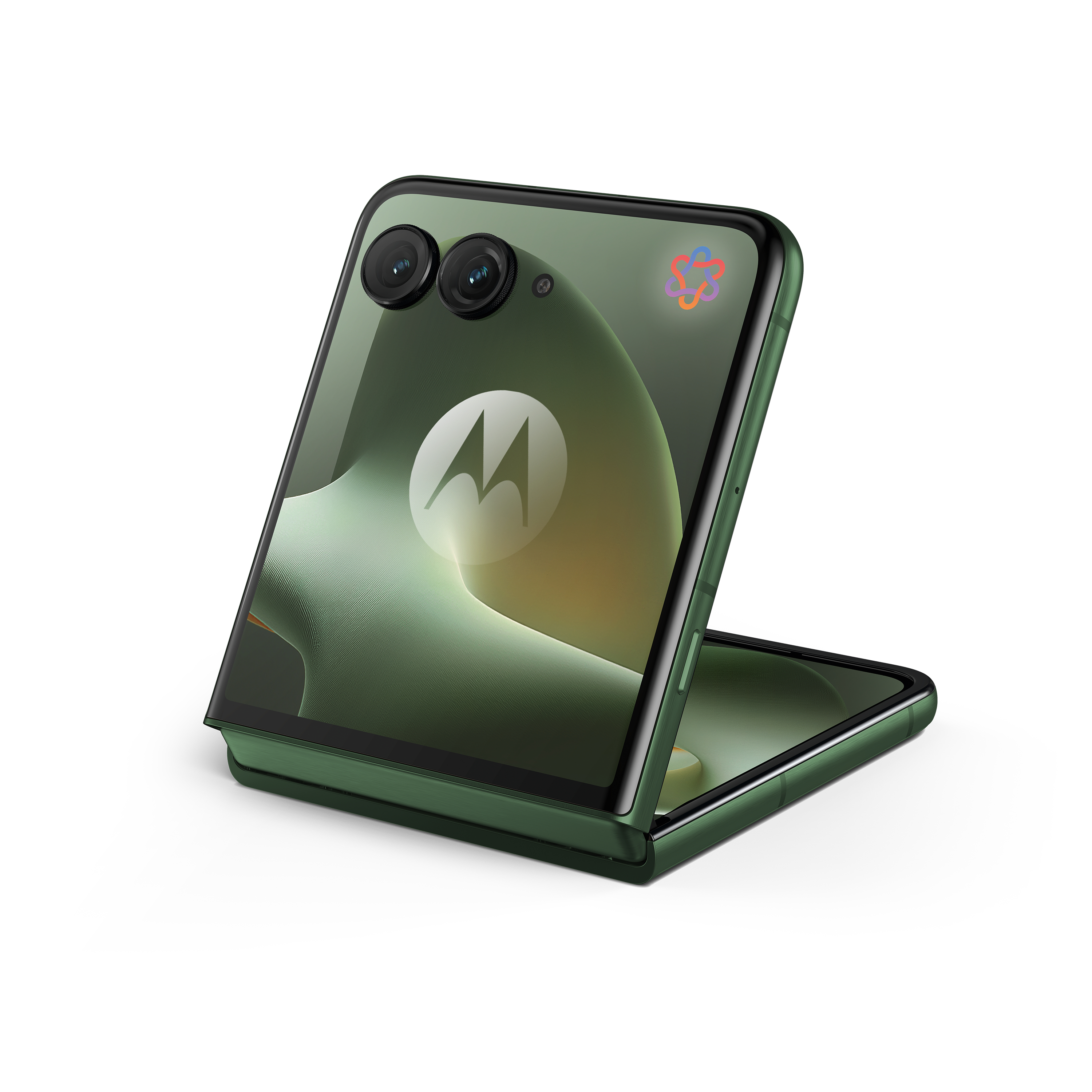 Ein grünes faltbares Motorola-Smartphone mit zwei Kameras und einem Motorola-Logo.