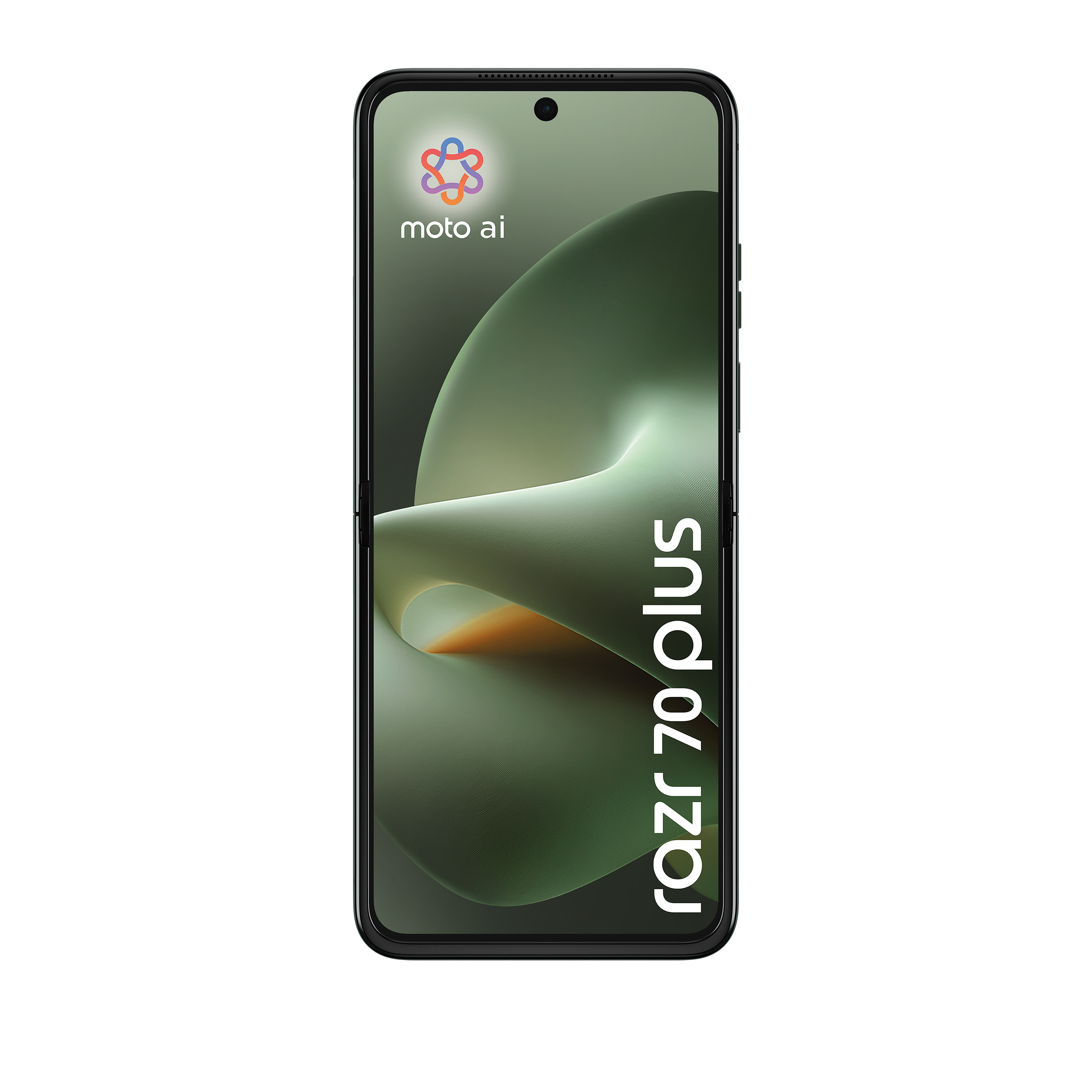 Ein geschlossenes Motorola Razr 70 Plus in Schwarz mit einem grünen Wellenmuster.