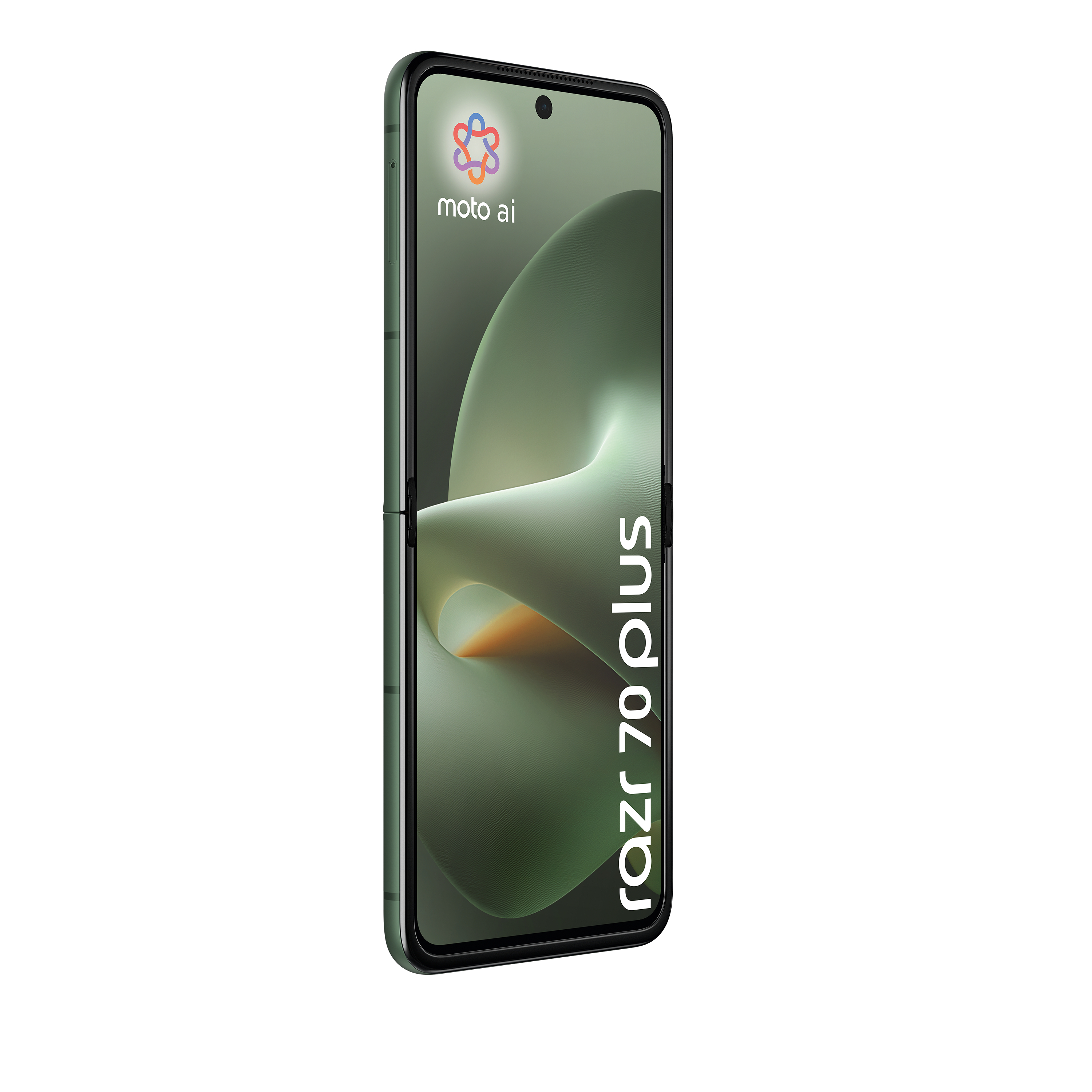Ein grünes faltbares Motorola Razr 70 Plus Smartphone mit "moto ai" Logo.