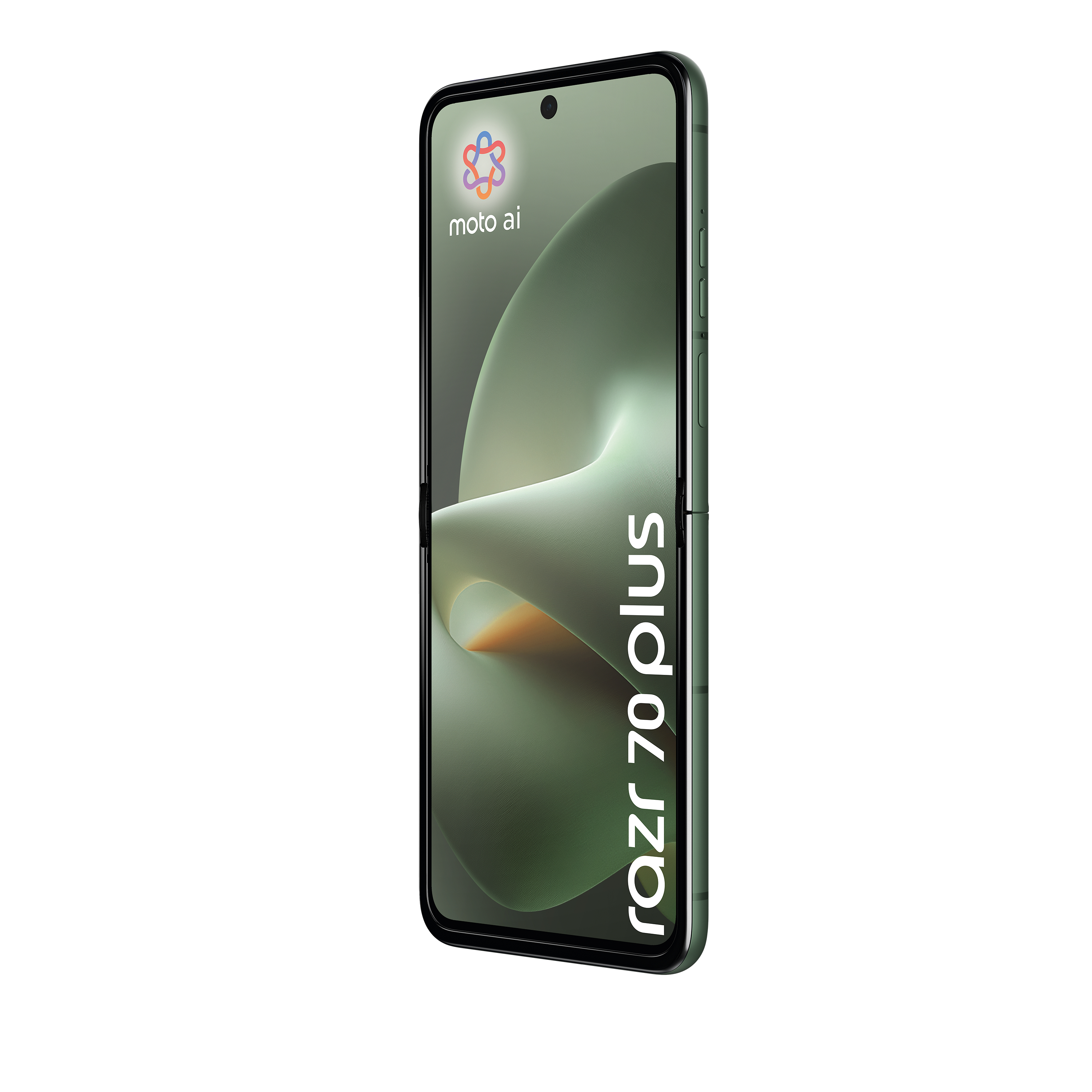 Ein grünes Motorola Razr 70 Plus Klapphandy mit einem stilisierten Hintergrund.