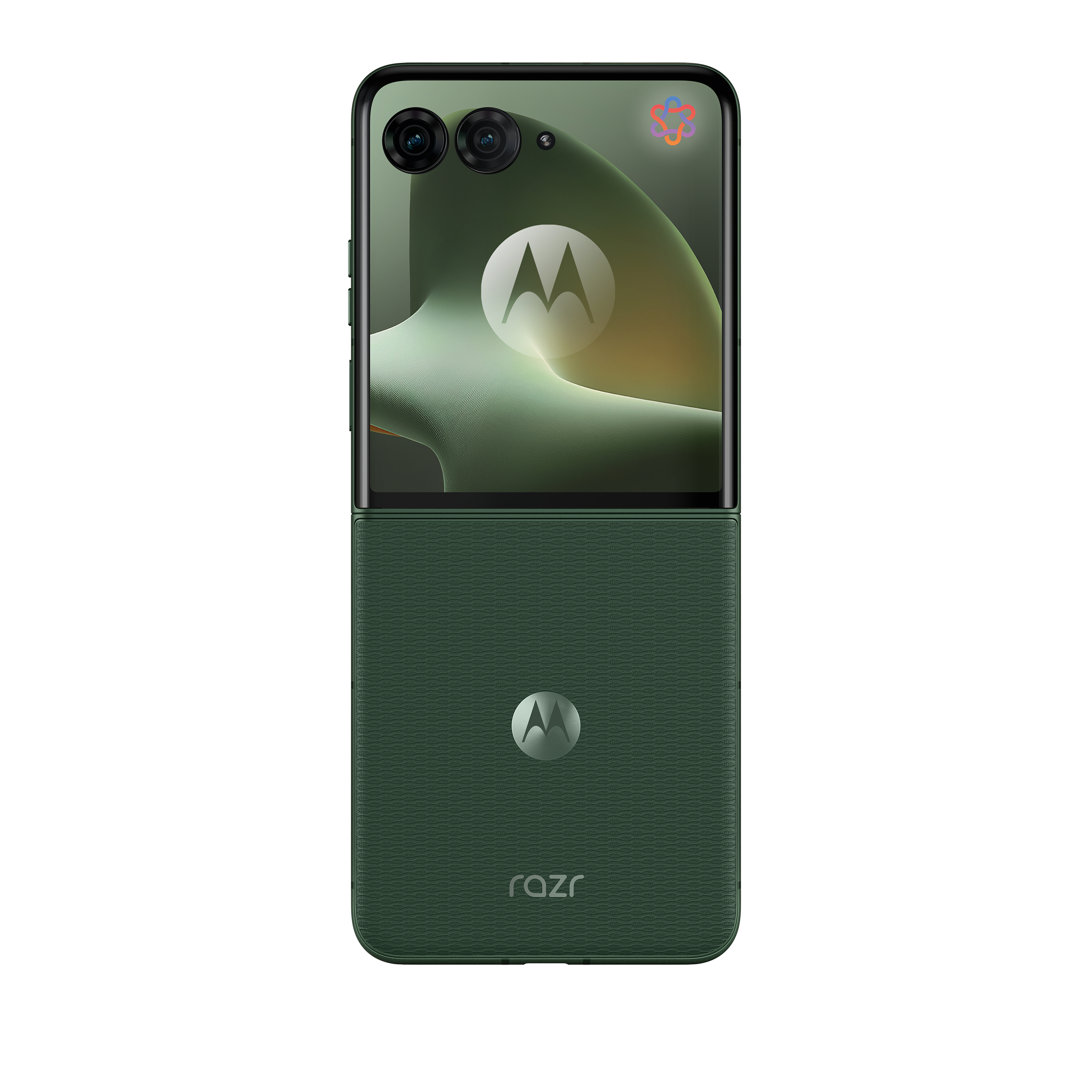 Ein geschlossenes dunkelgrünes Motorola Razr Klapphandy mit zwei Kameras auf der Oberseite.