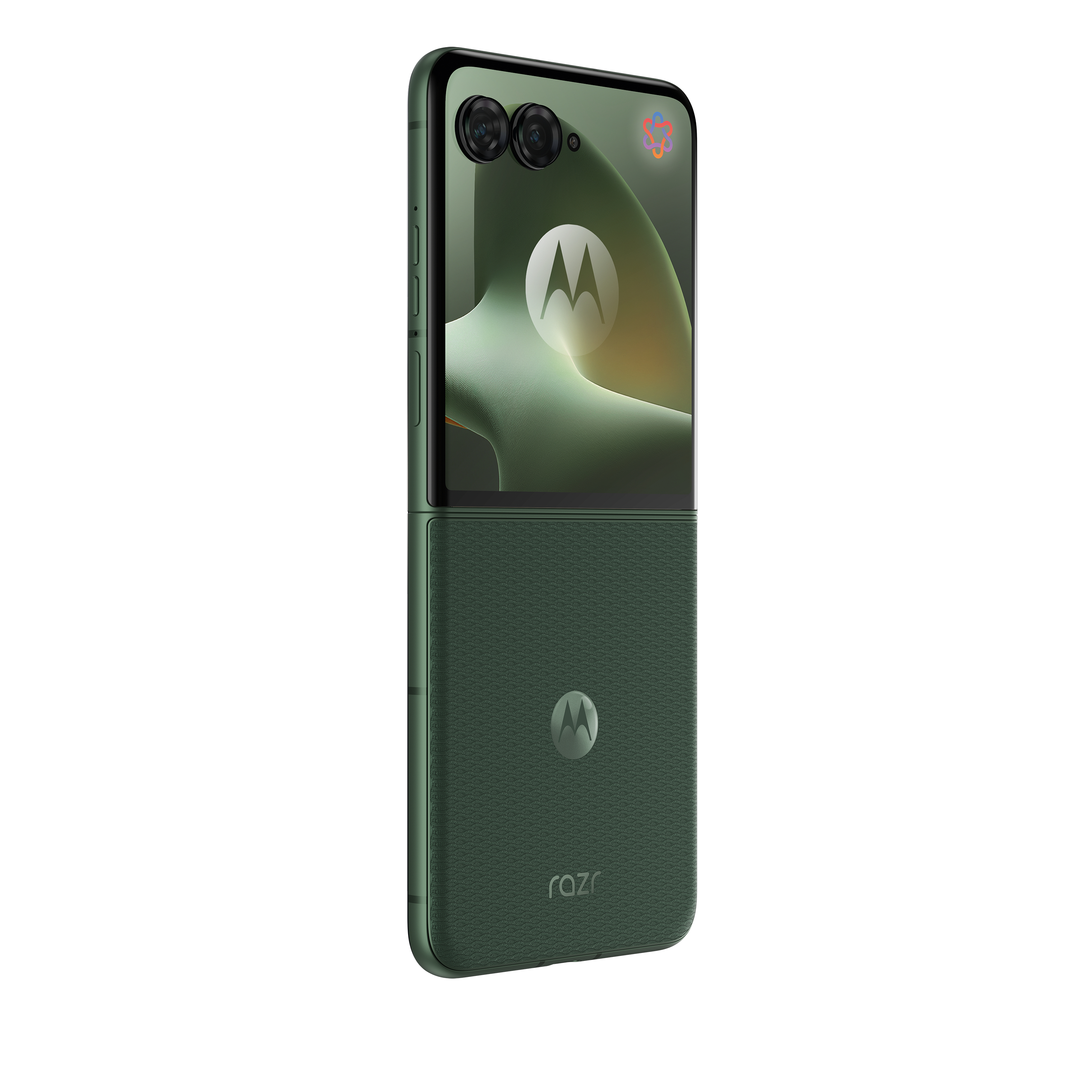 Ein dunkelgrünes Motorola Razr Klapphandy mit zwei Kameras und dem Motorola-Logo.