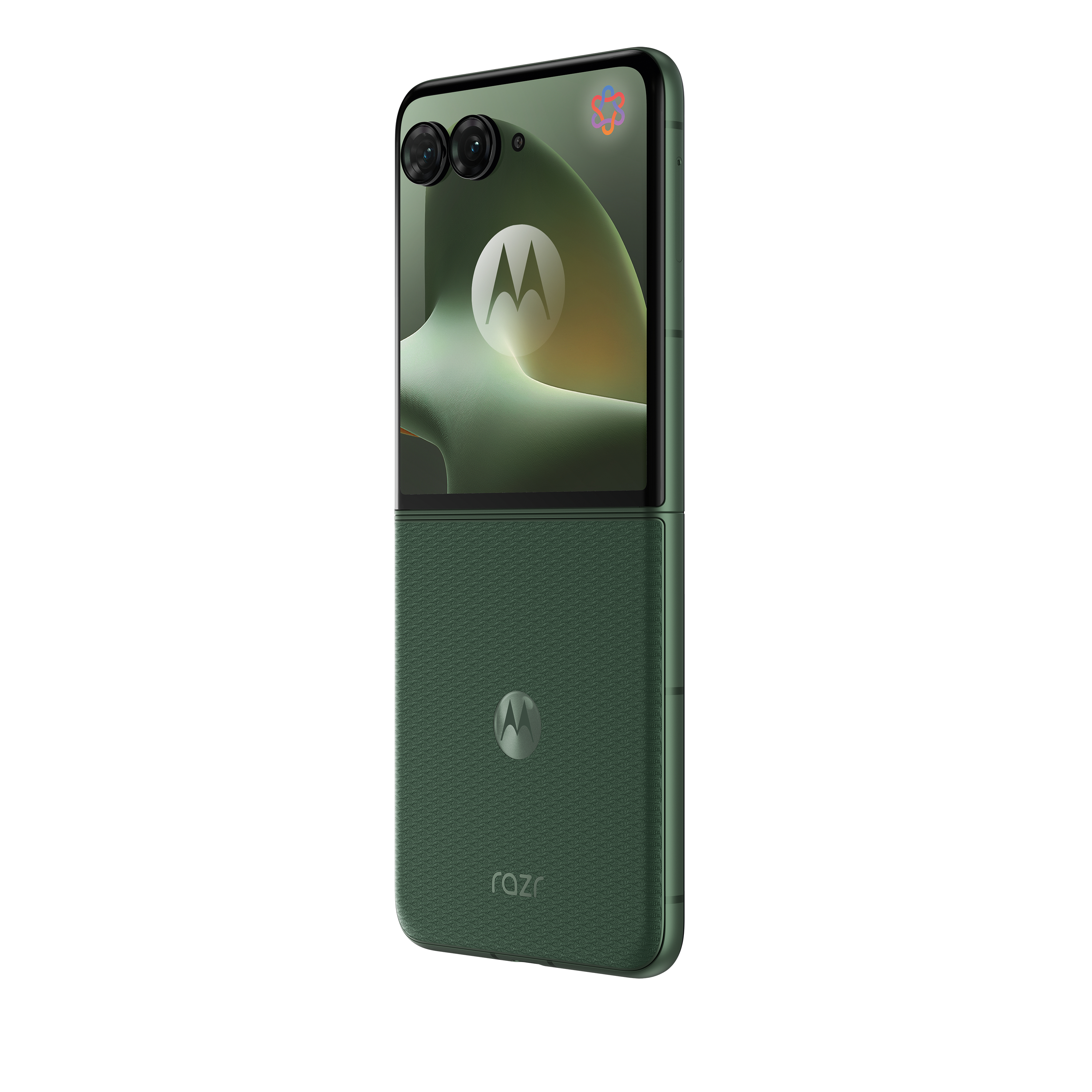 Ein geschlossenes, dunkelgrünes Motorola Razr Klapphandy mit zwei Kameras oben.