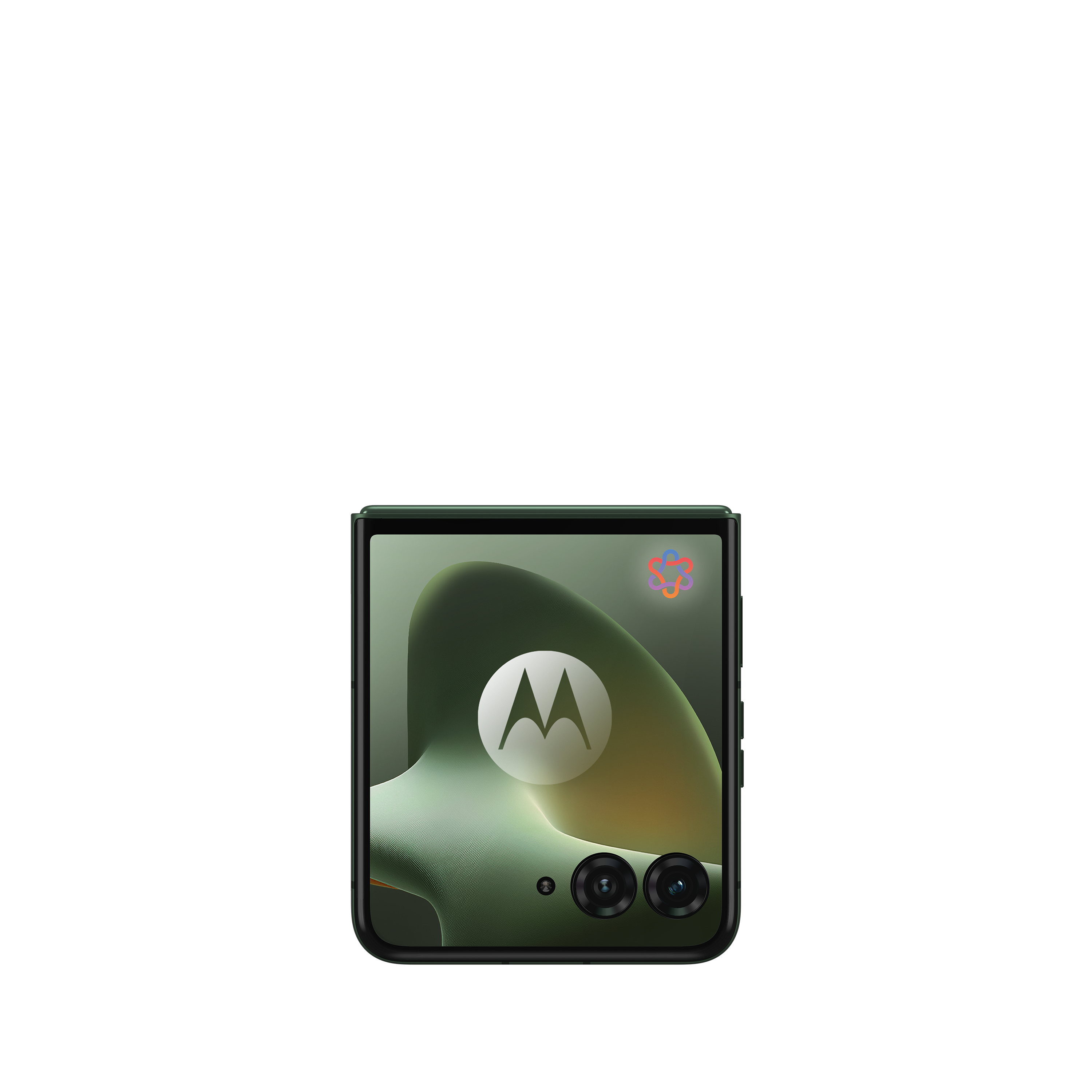 Grünes Motorola-Klapphandy mit doppelter Kamera und Motorola-Logo auf dem Bildschirm.