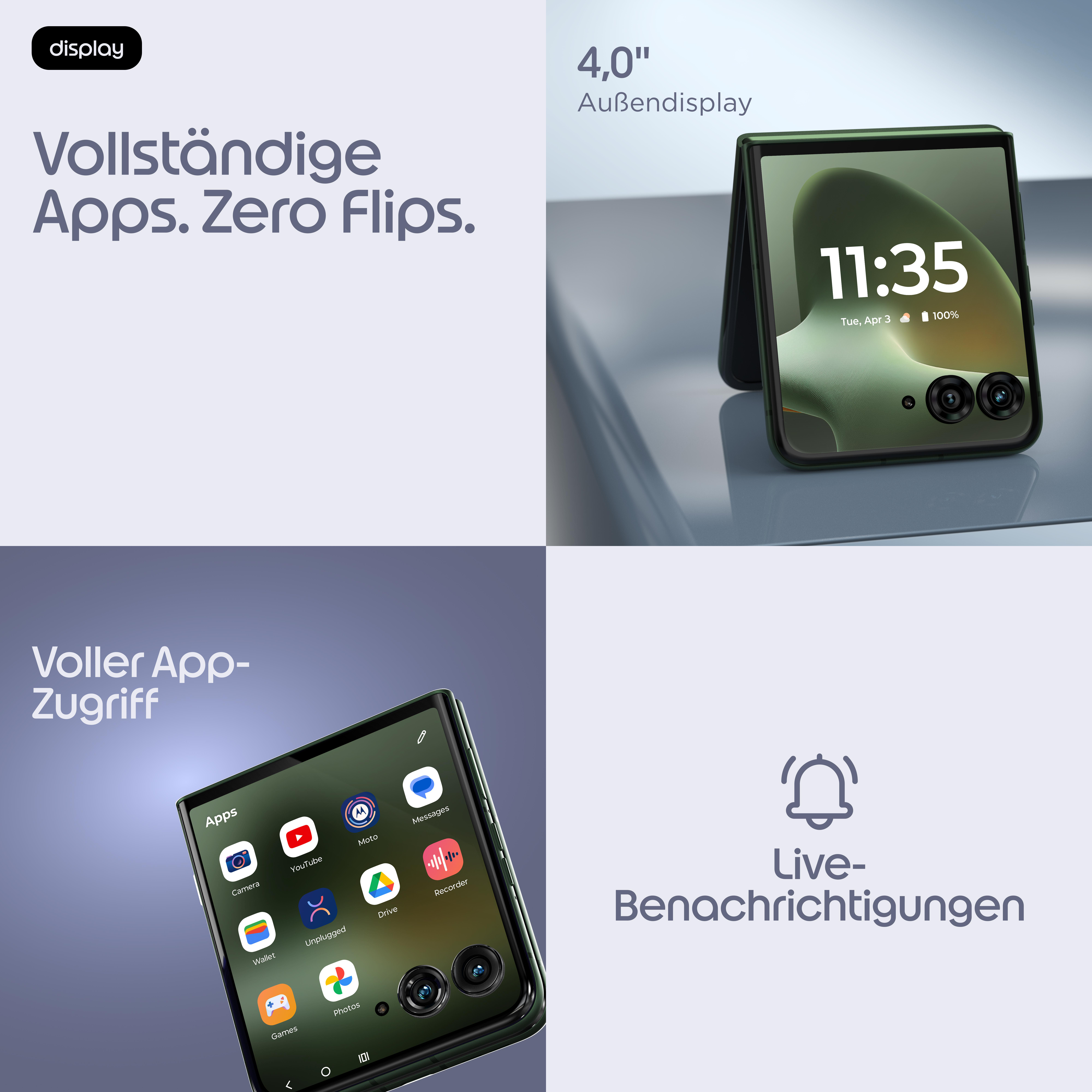 Ein faltbares Smartphone mit 4,0" Außendisplay und App-Zugriff.