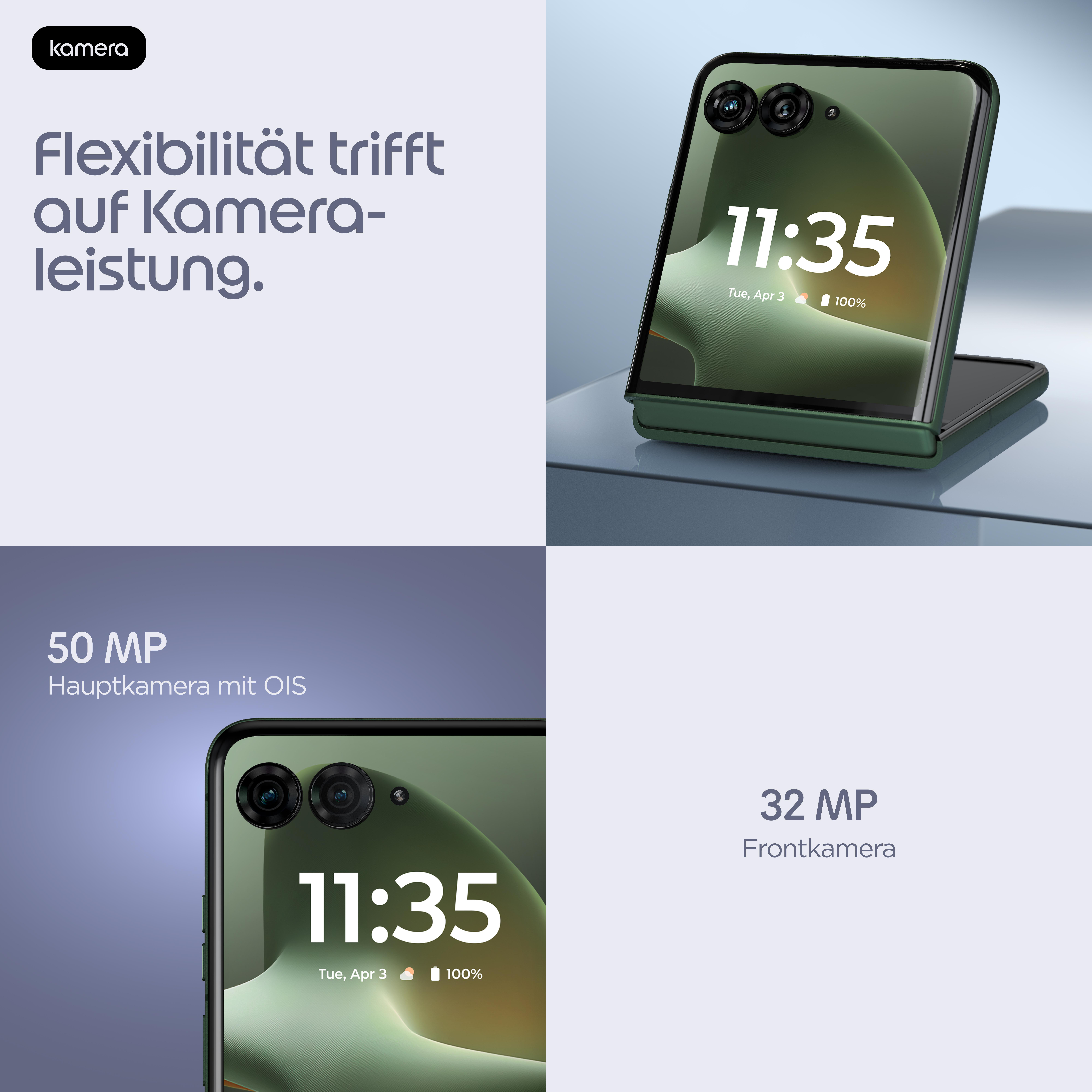 Ein faltbares Smartphone in Grün zeigt 11:35 Uhr, 50 MP Hauptkamera & 32 MP Frontkamera.