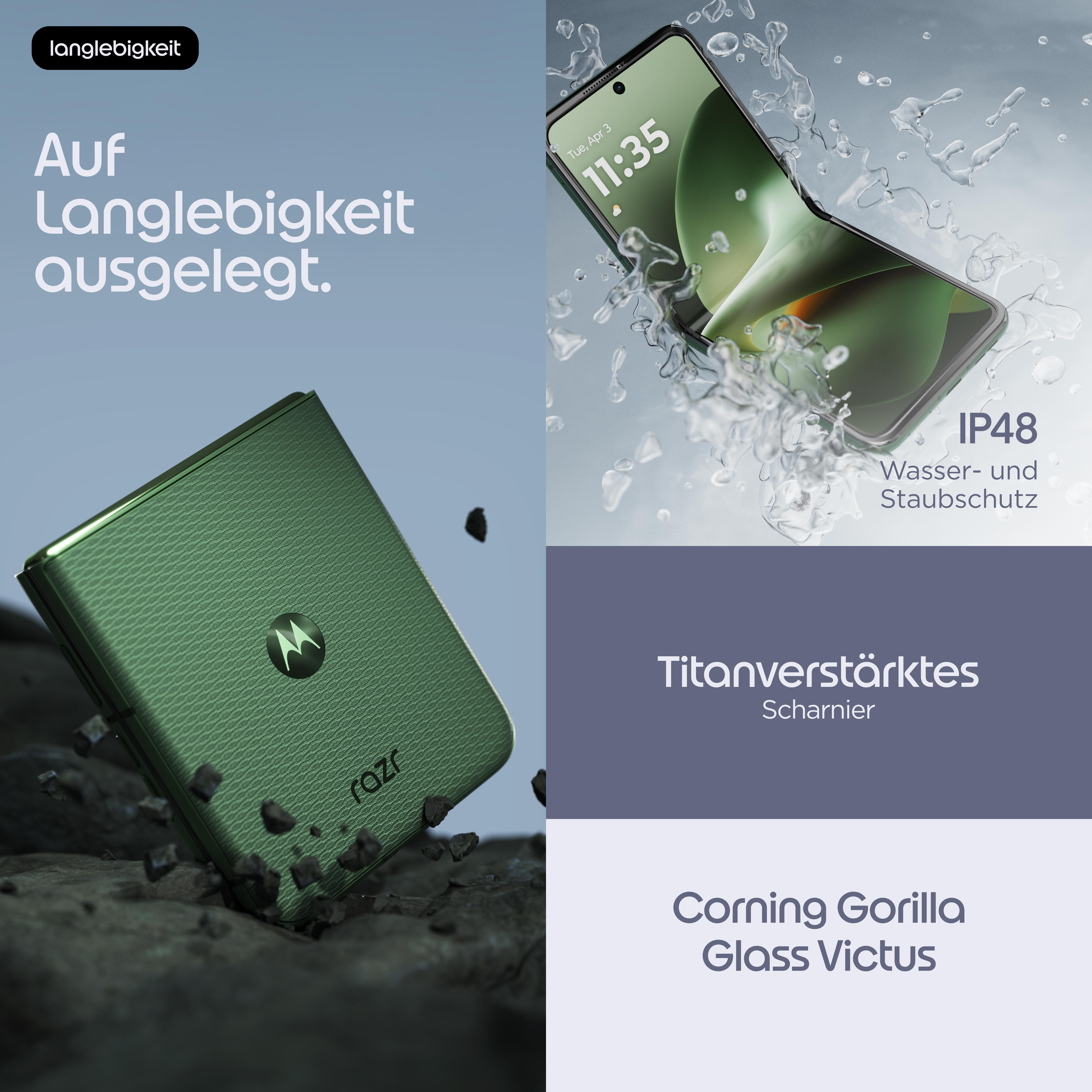 Grünes Motorola Razr Handy mit Wasserspritzern, IP48, Titan Scharnier.