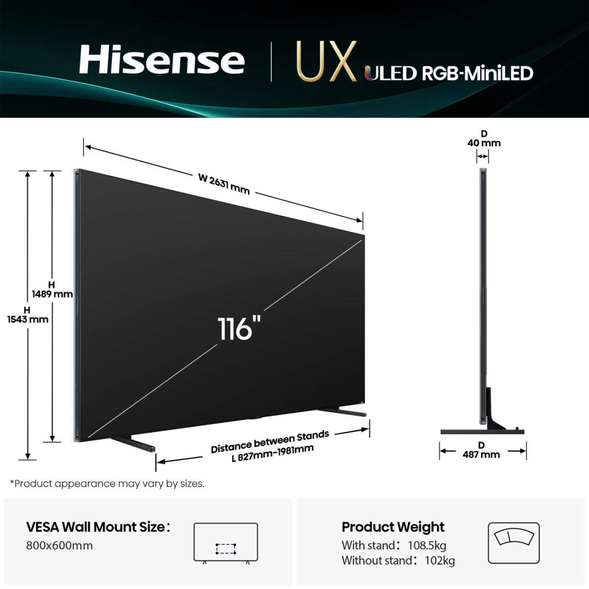 Größenangaben für Hisense UX ULED Mini LED 116-Zoll-TV: Breite 2631mm, Höhe 1489/1543mm, Tiefe 40mm.