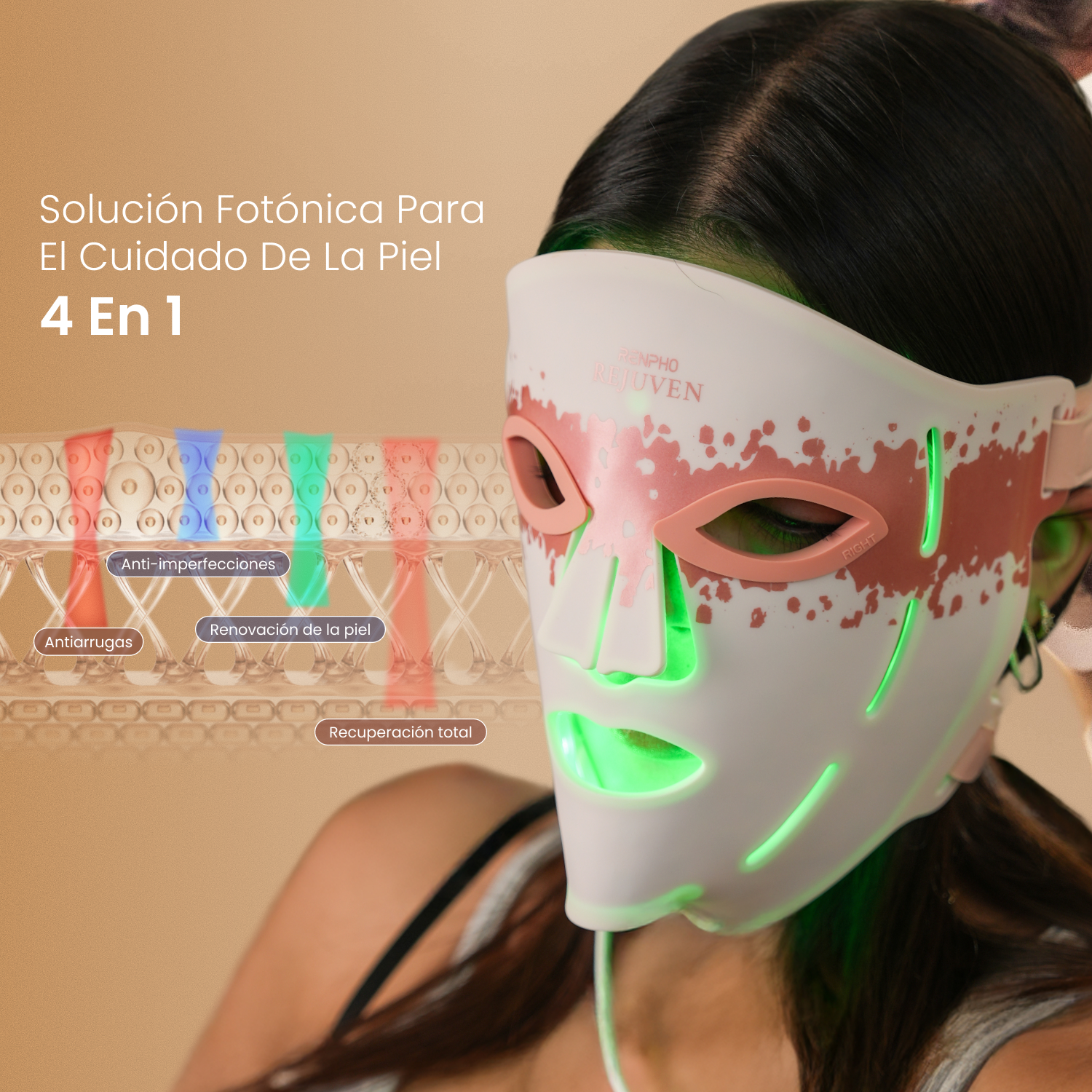 Mujer con mascarilla facial LED blanca con luces verdes. A su lado hay cuatro tubos con líquidos de colores.
