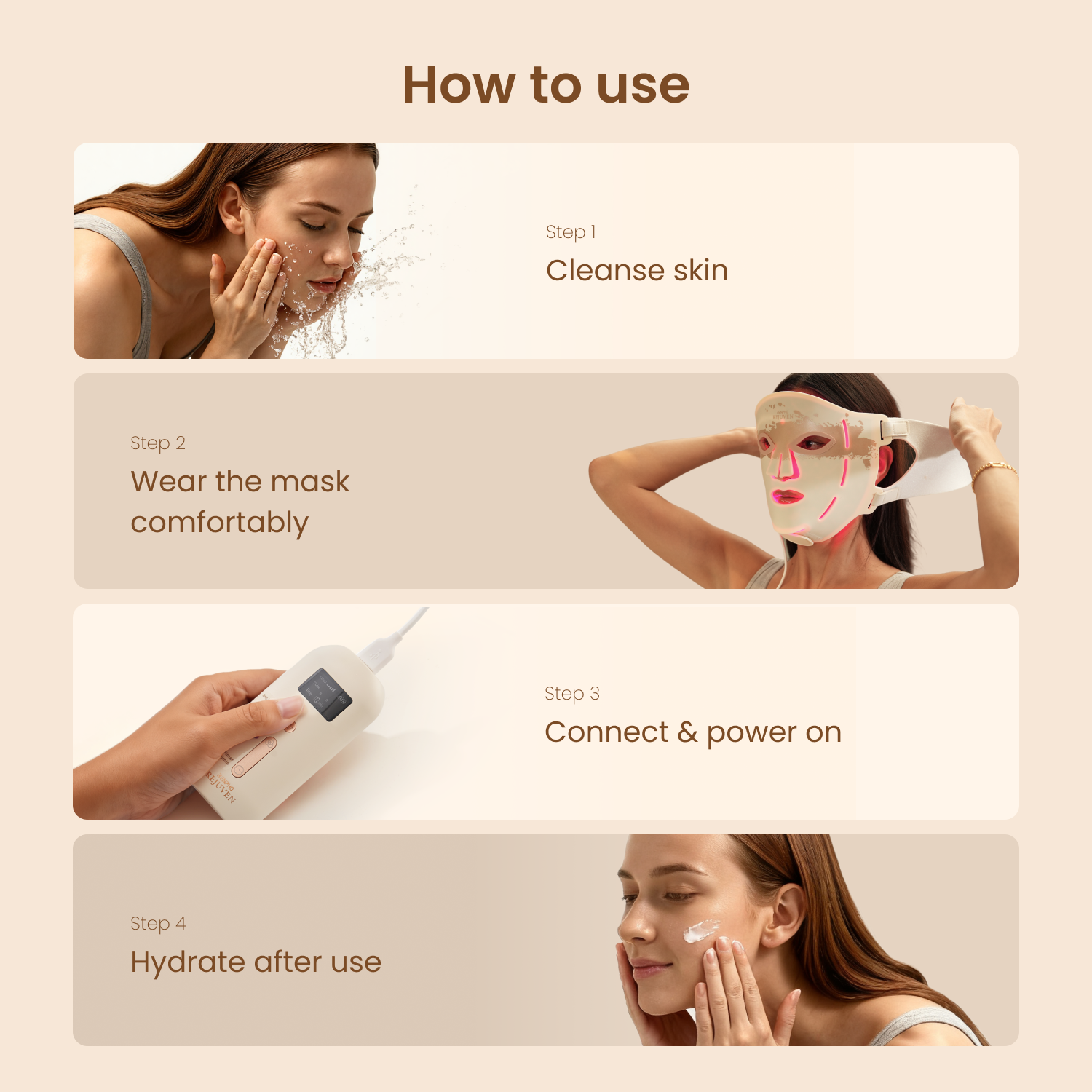 Cómo usar: Limpiar piel, usar mascarilla, conectar dispositivo, hidratar.