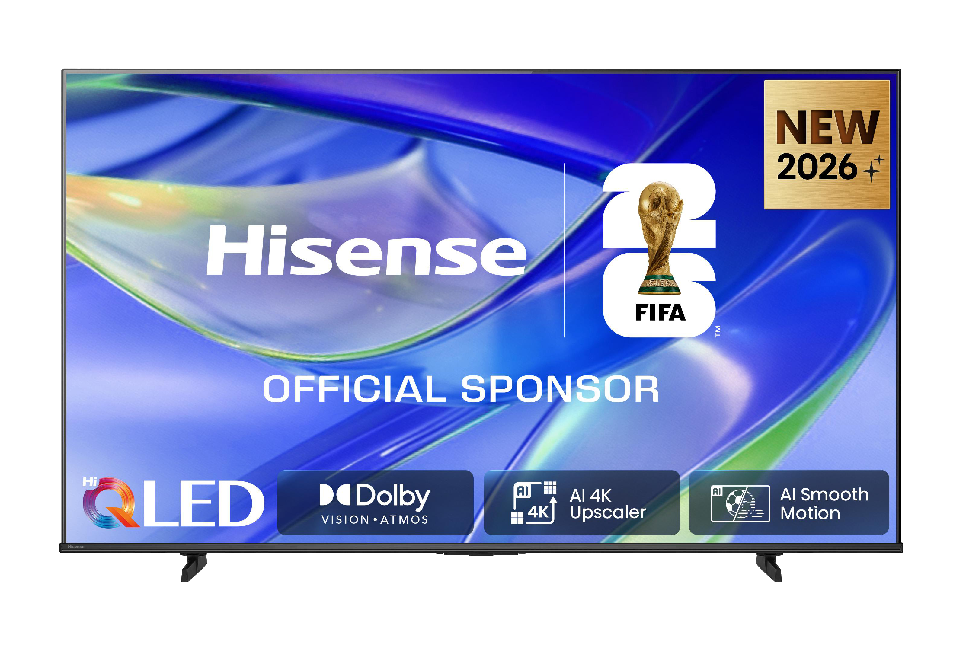 Hisense Fernseher mit FIFA-Pokal, "New 2026+", "Official Sponsor".