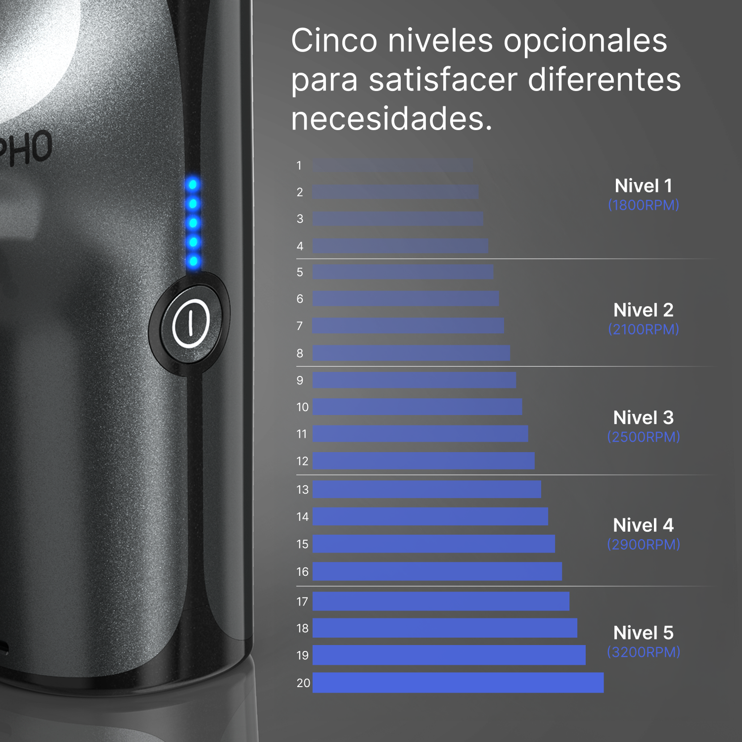 Una afeitadora negra con luces azules y un gráfico de 5 niveles de velocidad.